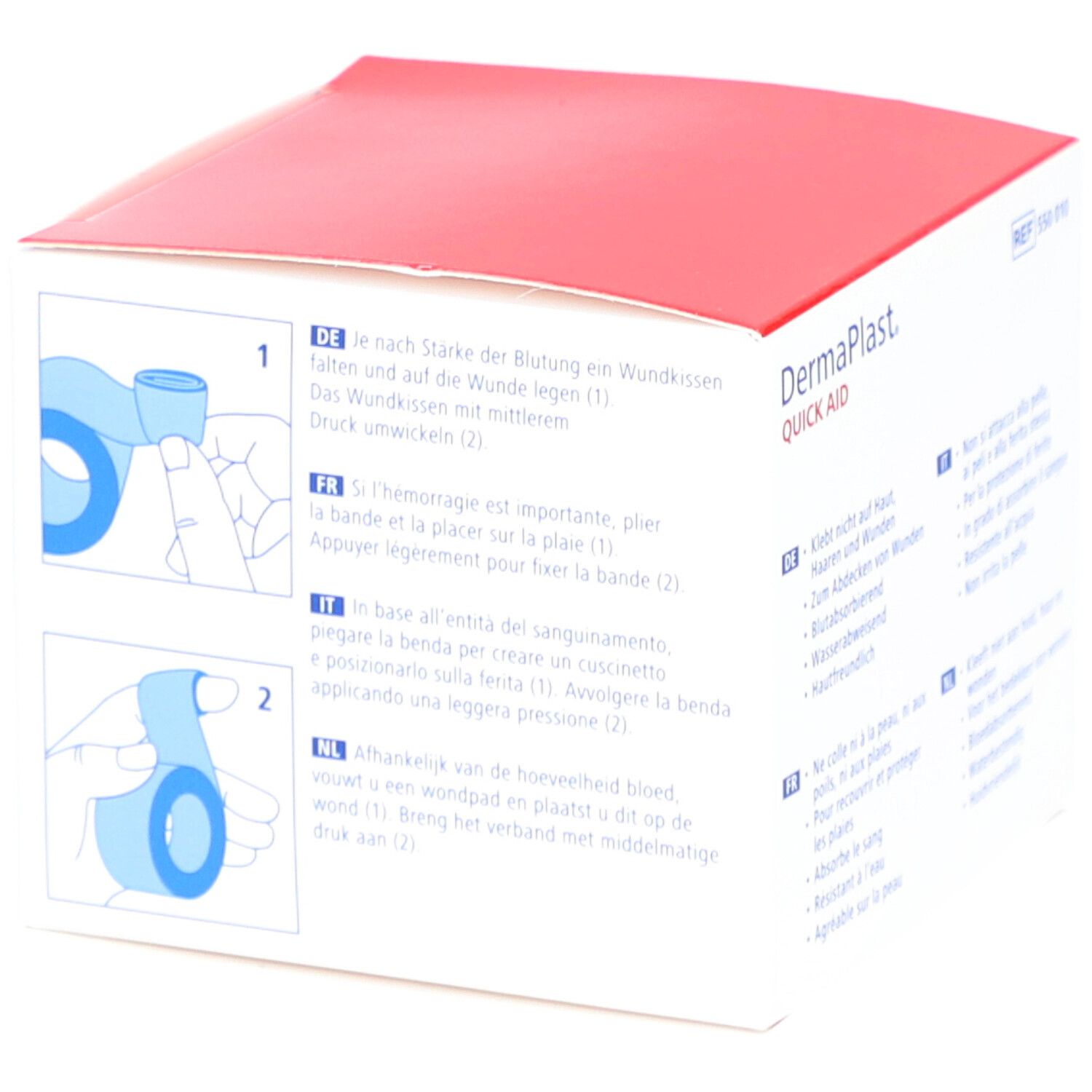 Verpackung von DermaPlast Quick Aid. Box mit rotem Deckel. Illustrationen zur Anwendung. Blauer Verband.
