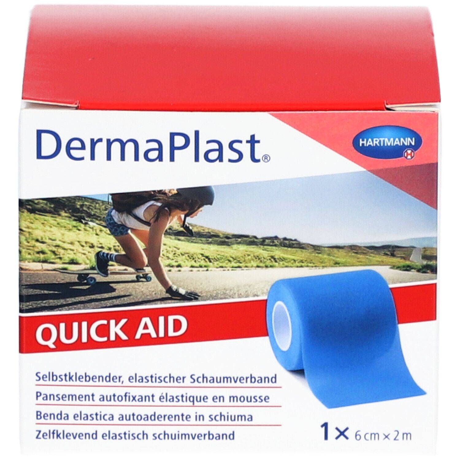 Verpackung von DermaPlast Quick Aid. Blauer, selbstklebender Schaumverband. 6 cm x 2 m. Box mit rotem Deckel, Frau beim Skateboarden.
