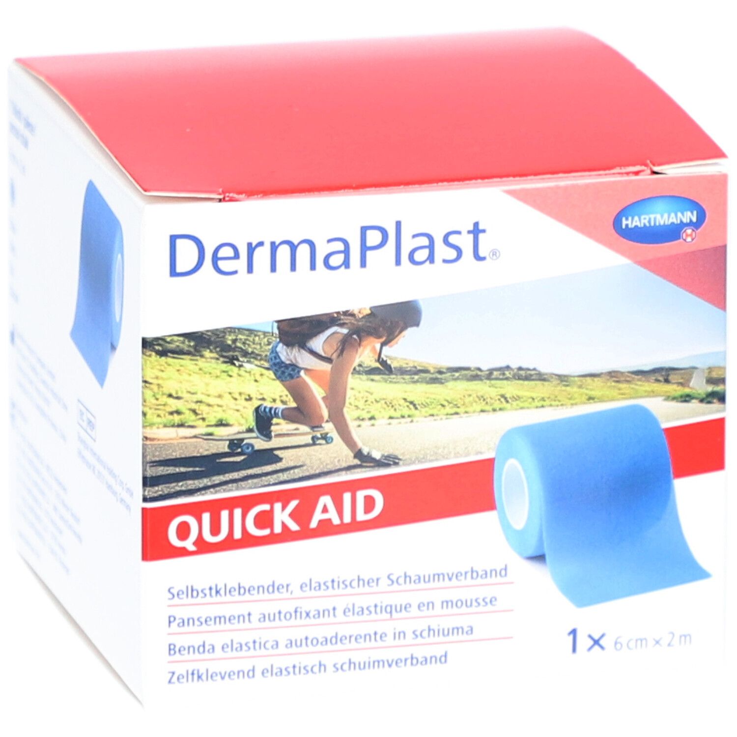 Verpackung von DermaPlast Quick Aid. Blauer, selbstklebender Schaumverband. 6 cm x 2 m. Box mit rotem Deckel, Frau beim Skateboarden.