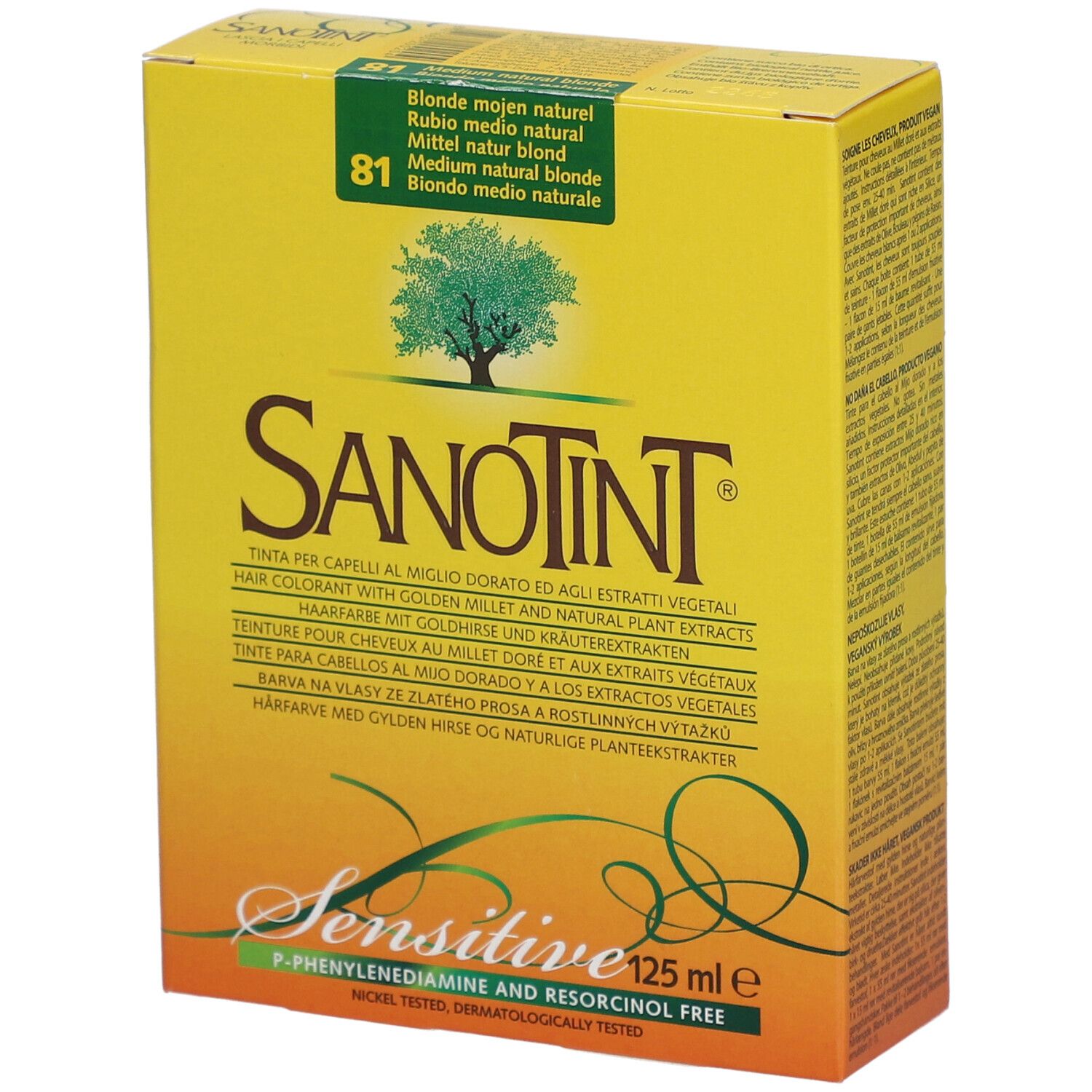 Gelbe Schachtel mit SANOTINT-Logo und Produktbezeichnung. Aufschrift: Sensitive, 125 ml e. Farbton: 81 Mittel Naturblond.