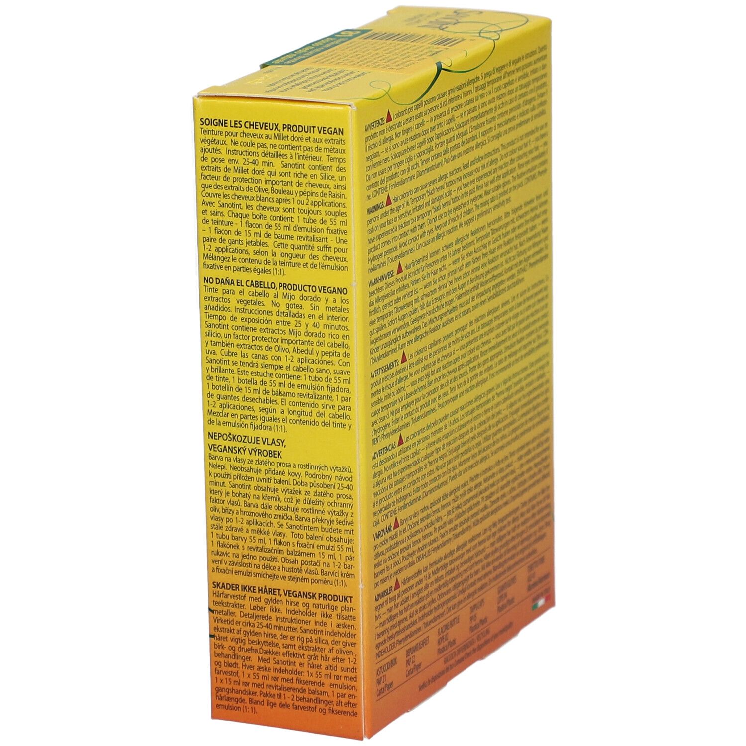 Gelbe SANOTINT-Schachtel. Text: Vegan, schont das Haar. Enthält 1 Flasche. Anwendungshinweise. Meertalig.