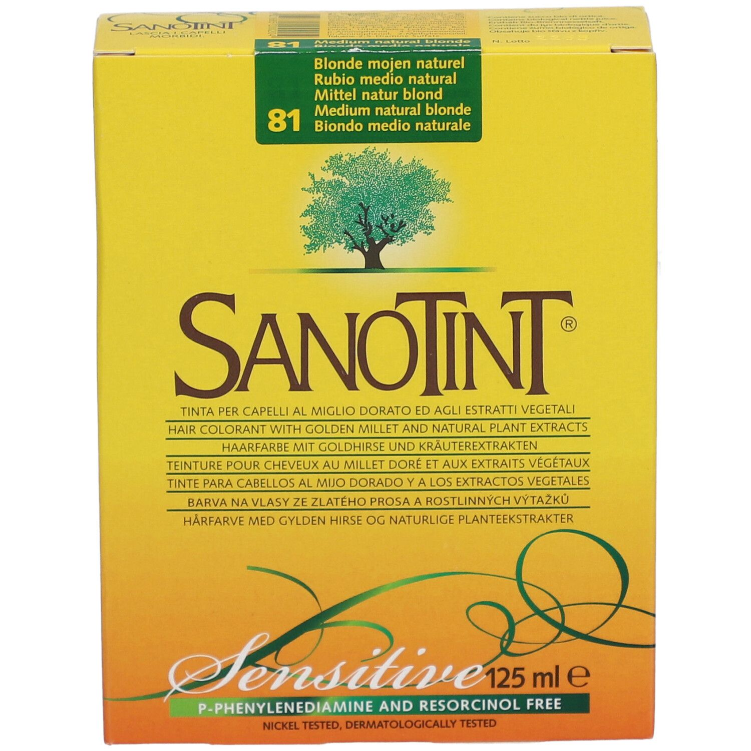 Gelbe Schachtel mit SANOTINT-Logo und Produktbezeichnung. Aufschrift: Sensitive, 125 ml e. Farbton: 81 Mittel Naturblond.