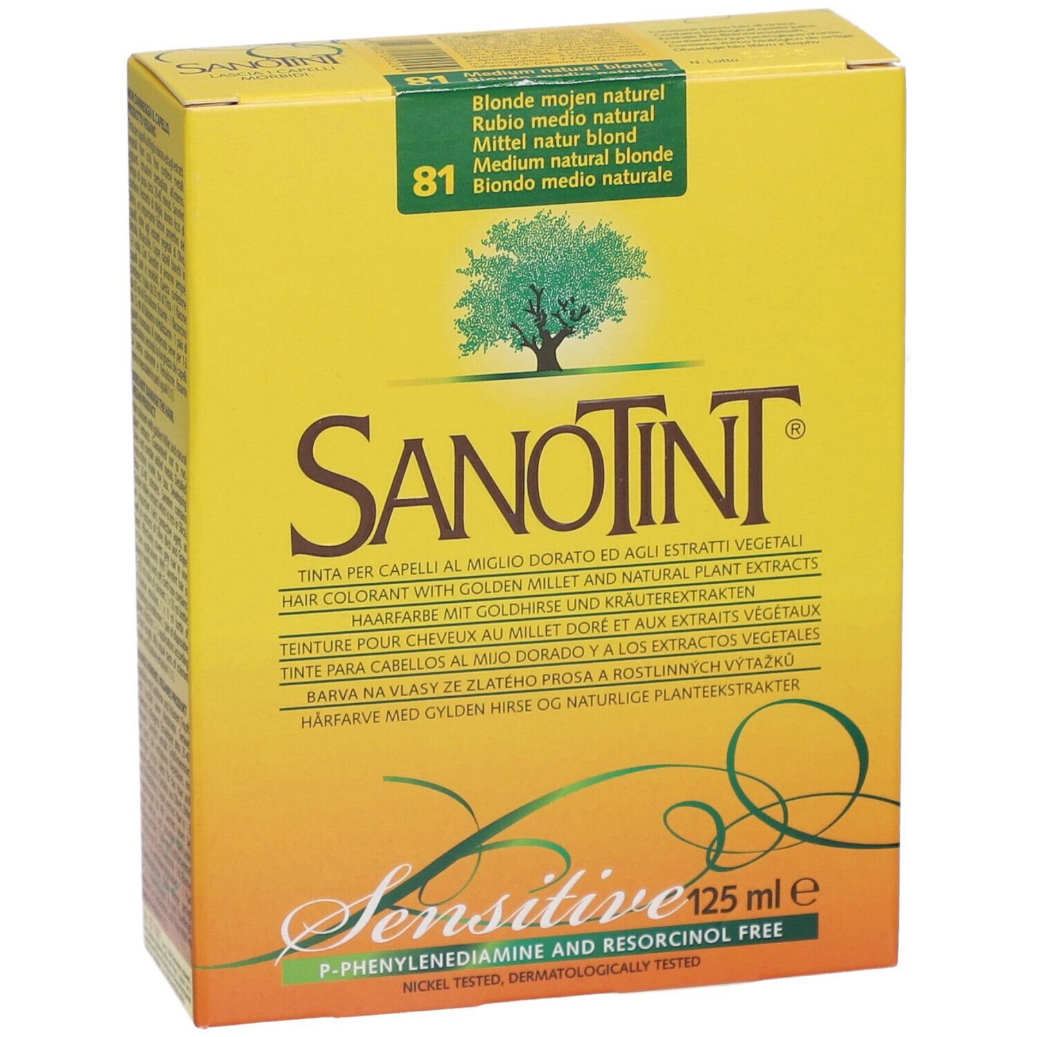 Gelbe Schachtel mit SANOTINT-Logo und Produktbezeichnung. Aufschrift: Sensitive, 125 ml e. Farbton: 81 Mittel Naturblond.