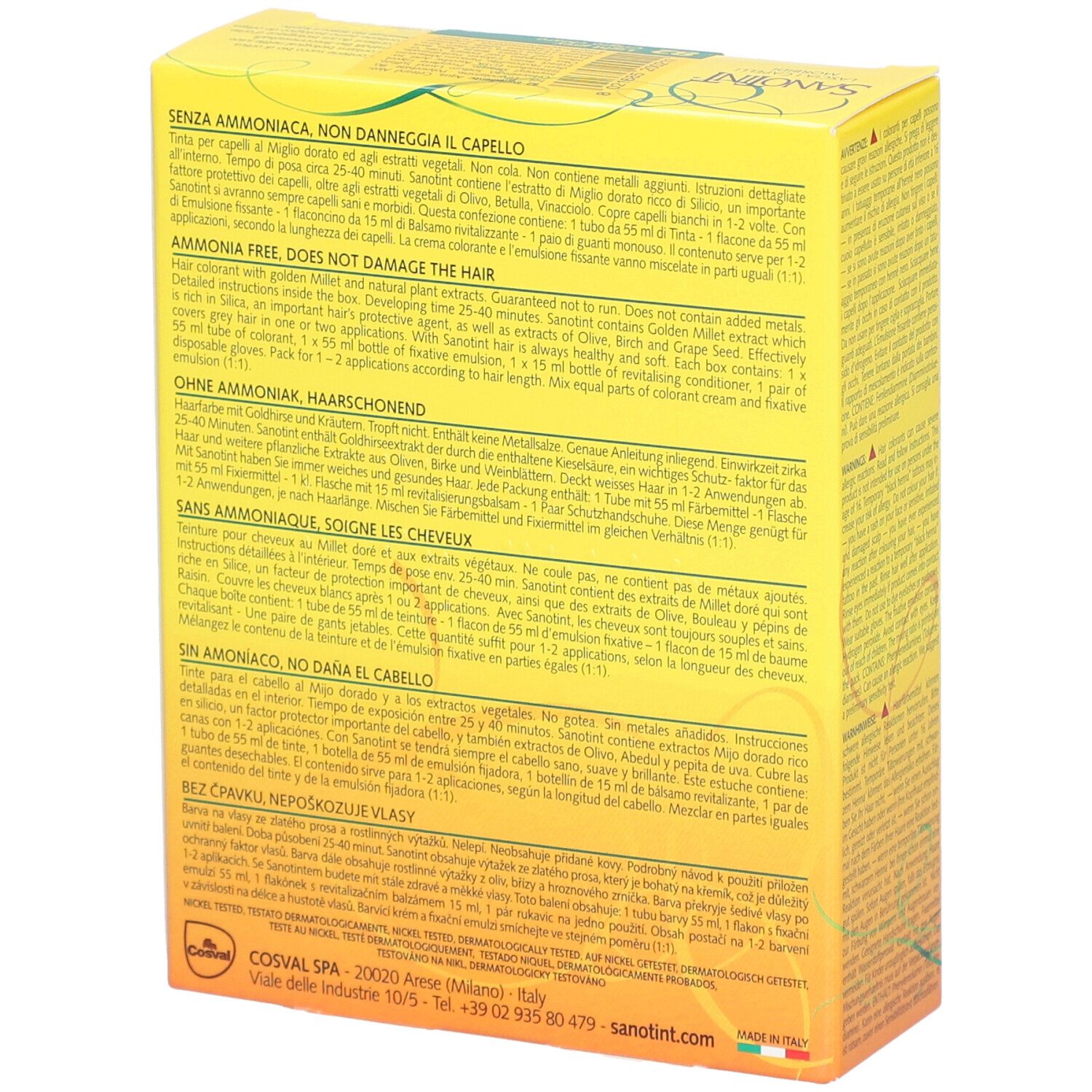 Rückseite der gelben Schachtel SANOTINT Sensitive. Text in mehreren Sprachen. Enthält 125 ml.