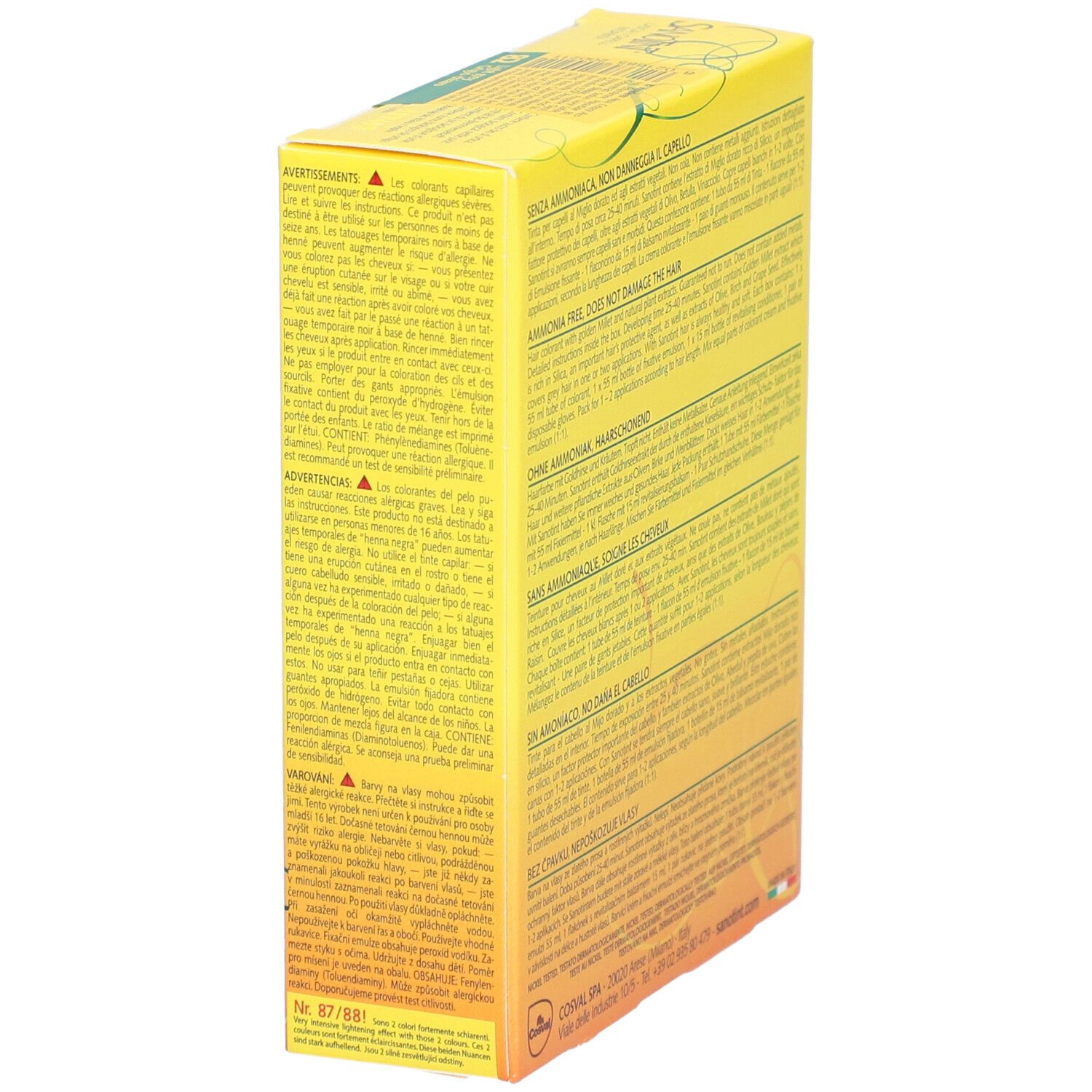 Seite der gelben Schachtel SANOTINT Sensitive. Text in mehreren Sprachen. Enthält 125 ml.