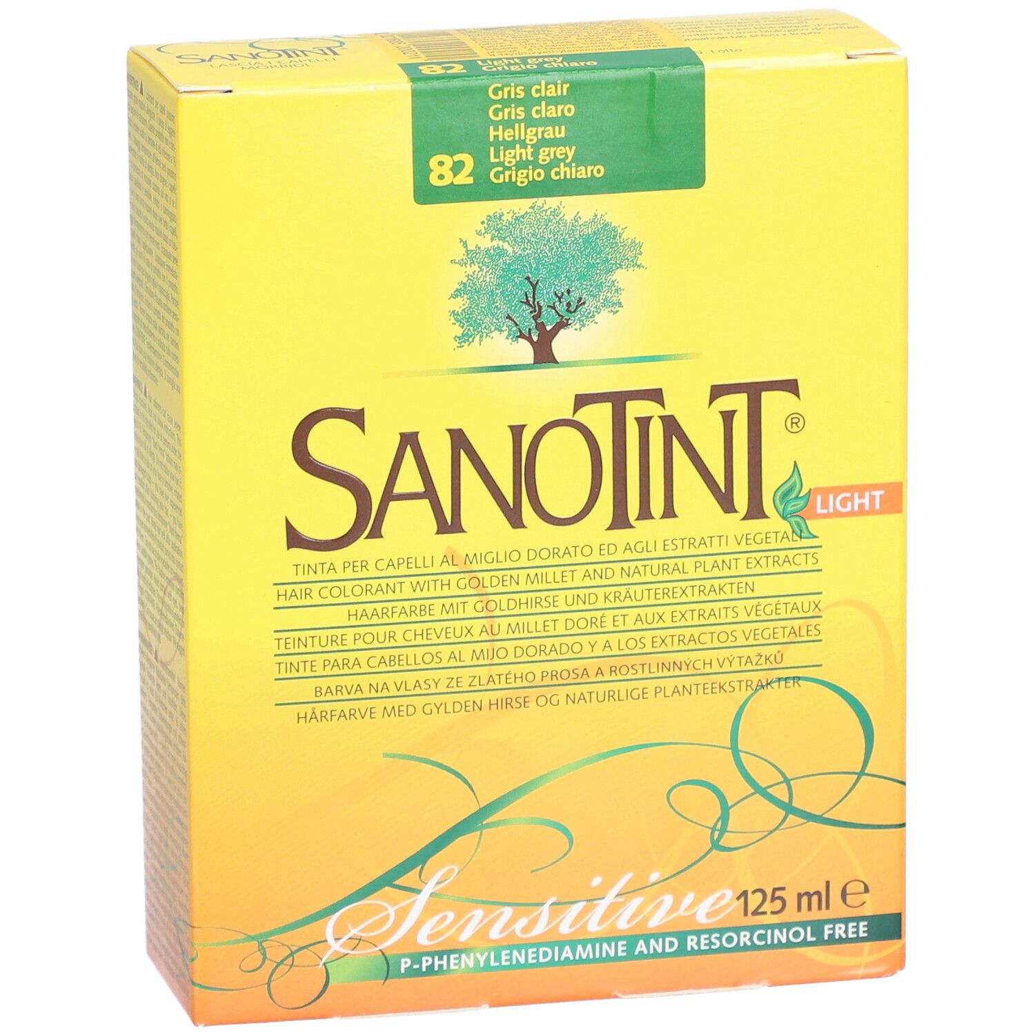 Gelbe Schachtel SANOTINT Sensitive. Aufschrift: Gris clair, Light grey, 82. Enthält 125 ml.