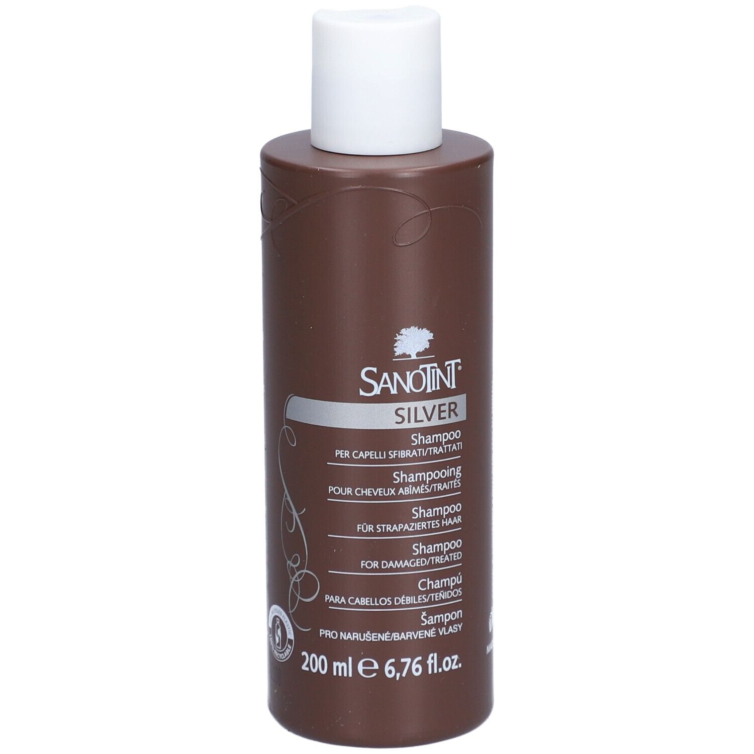 Braune Shampoo-Flasche mit weißem Deckel. Aufschrift: SANOTINT SILVER Shampoo für blondiertes graues Haar.