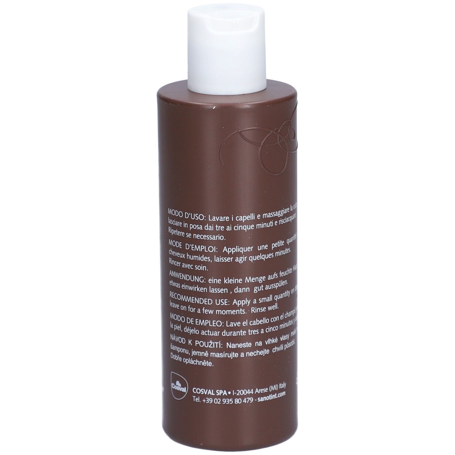 Rückseite einer braunen Shampoo-Flasche mit weißem Deckel. Gebrauchsanweisung in mehreren Sprachen.