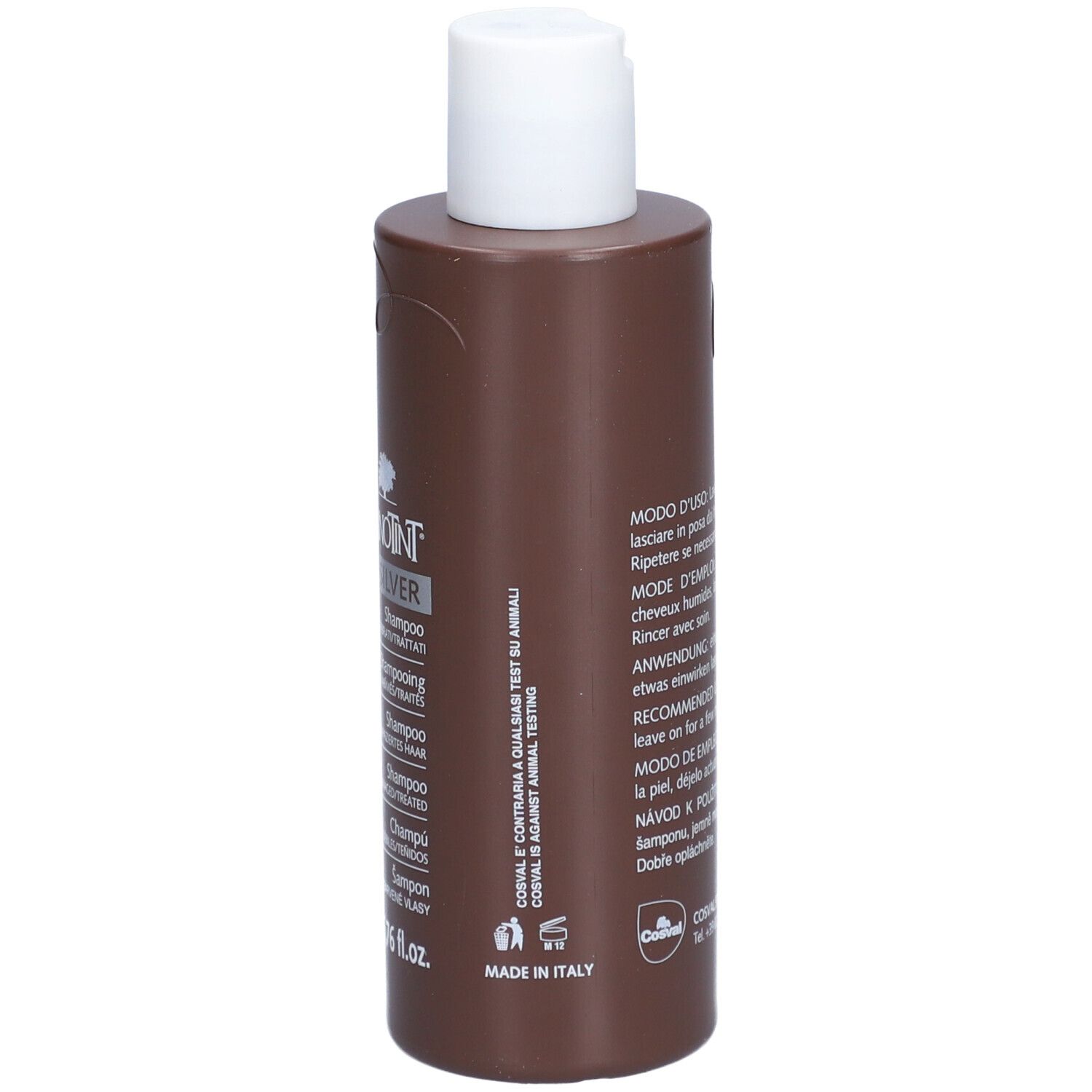 Braune Shampoo-Flasche mit weißem Deckel. Aufschrift: SANOTINT SILVER. Made in Italy. Logo.