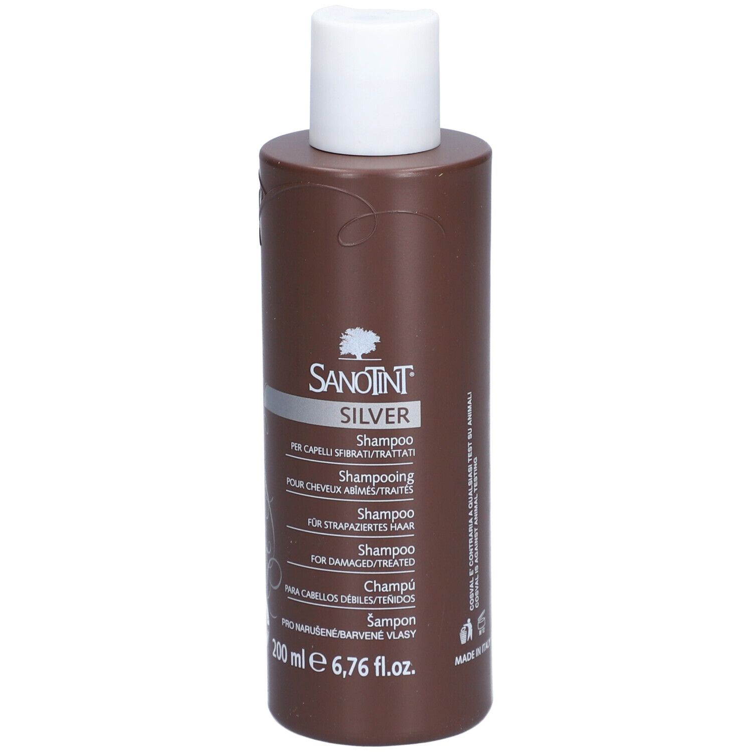 Braune Shampoo-Flasche mit weißem Deckel. Aufschrift: SANOTINT SILVER Shampoo für blondiertes graues Haar.