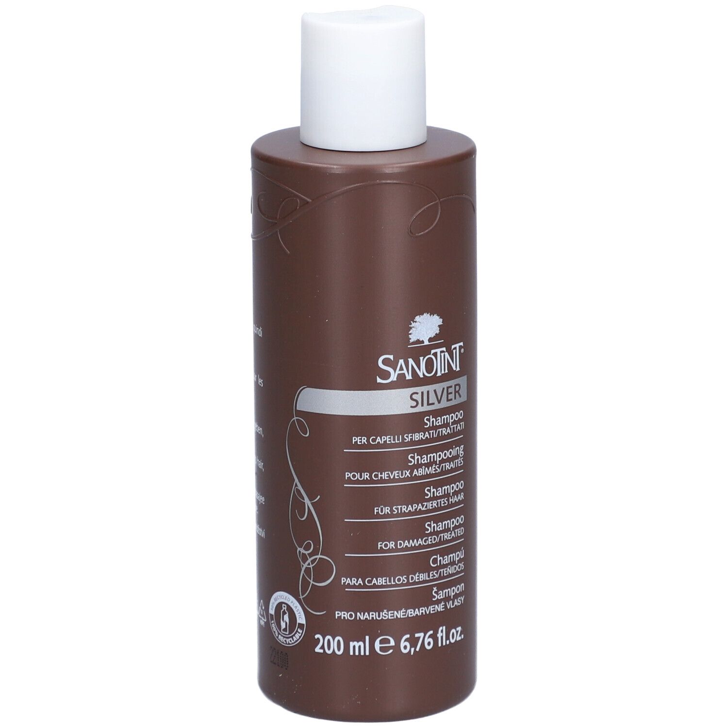 Braune Shampoo-Flasche mit weißem Deckel. Aufschrift: SANOTINT SILVER Shampoo für blondiertes graues Haar.