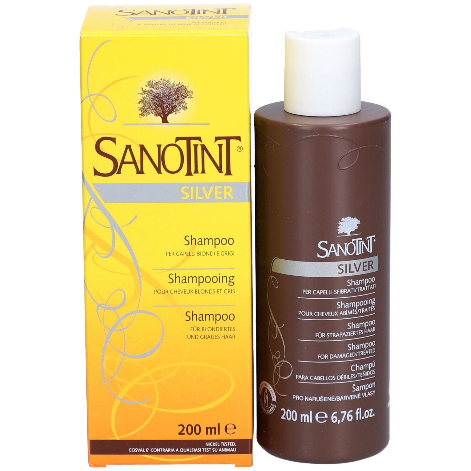 Shampoo-Flasche und gelbe Verpackung. Aufschrift: SANOTINT SILVER Shampoo für blondiertes graues Haar.