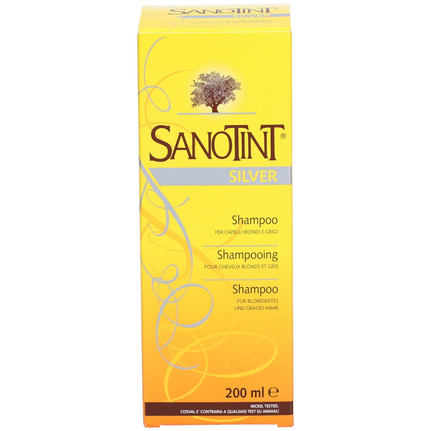 Gelbe Verpackung mit Aufschrift: SANOTINT SILVER Shampoo für blondiertes graues Haar. Baum-Logo.
