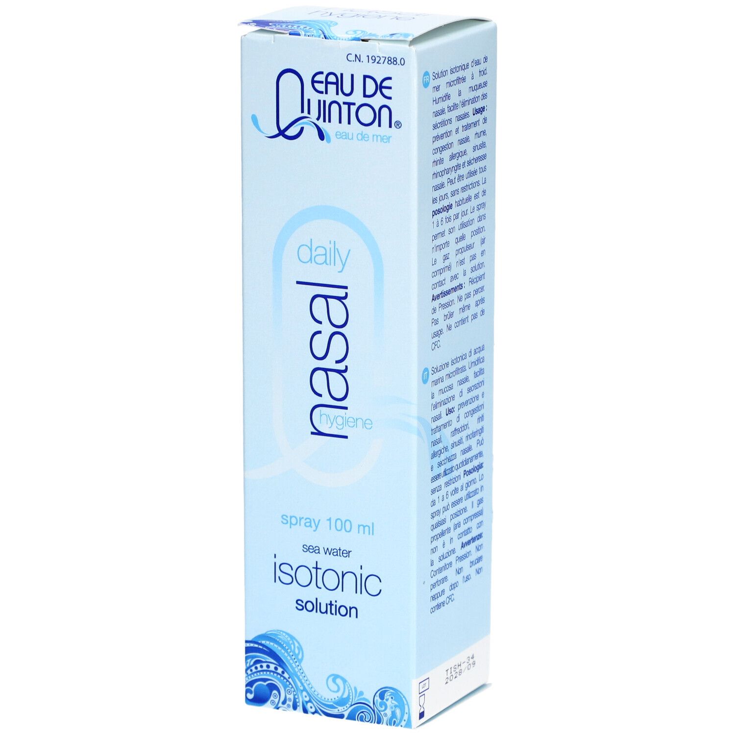 Blau-weiße Schachtel mit Produktnamen und -details. "Nasal" und "Isotonic Solution" sind sichtbar. 100 ml.