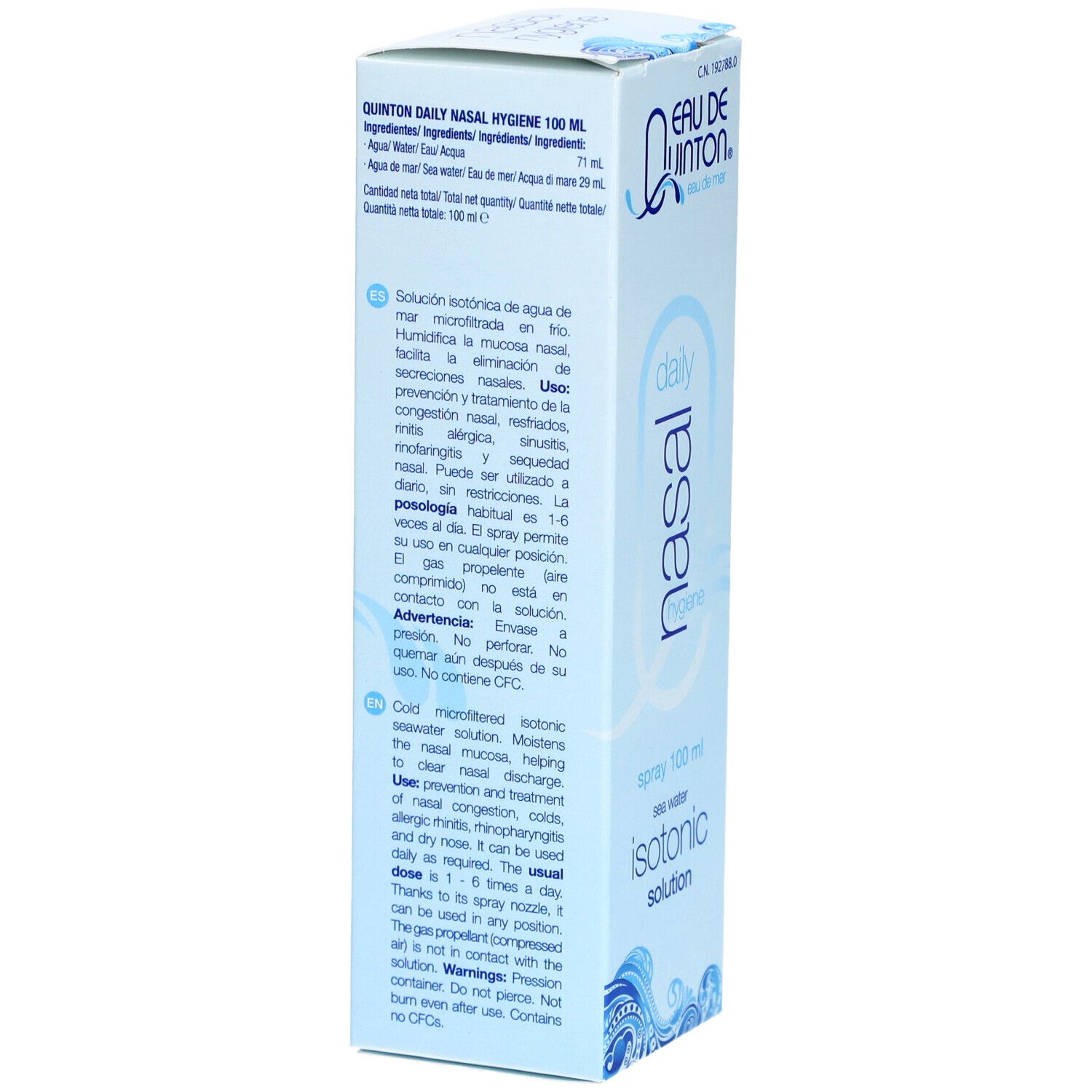 Rückseite der Schachtel mit Text in mehreren Sprachen. Produktinformationen und Inhaltsstoffe sind aufgeführt.