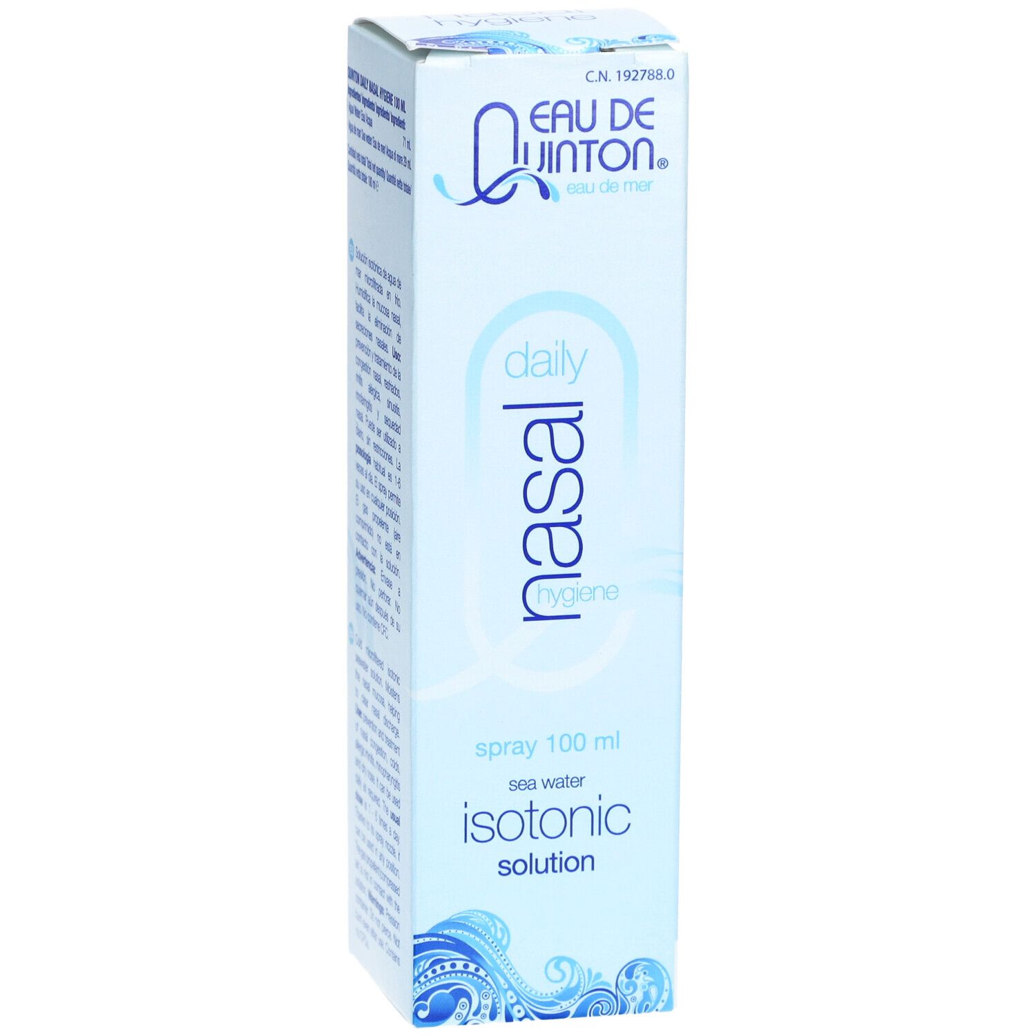 Blau-weiße Schachtel mit Produktnamen und -details. "Nasal" und "Isotonic Solution" sind sichtbar. 100 ml.