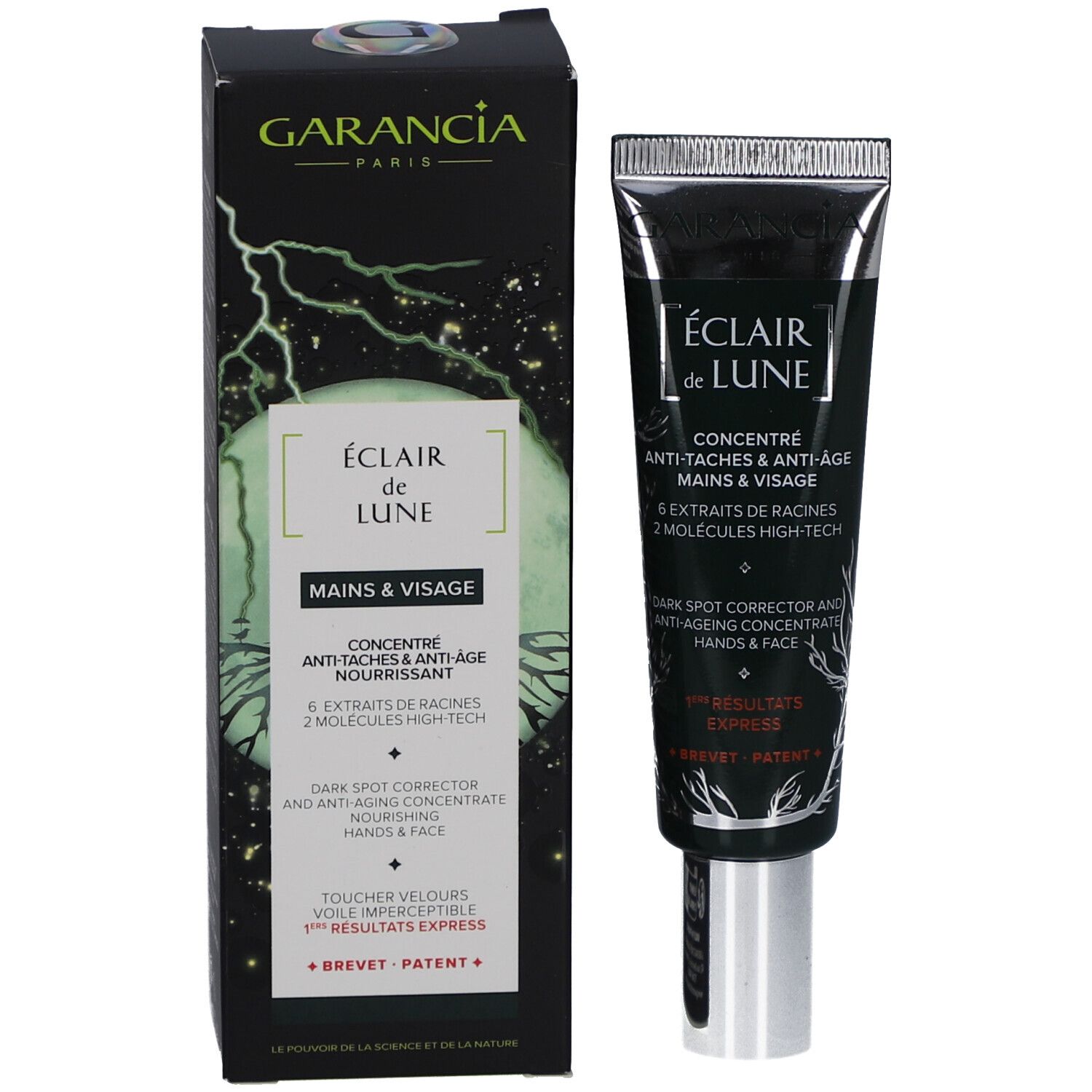 Produktverpackung und Creme-Tube. Schwarze Verpackung mit Produktnamen und -details.