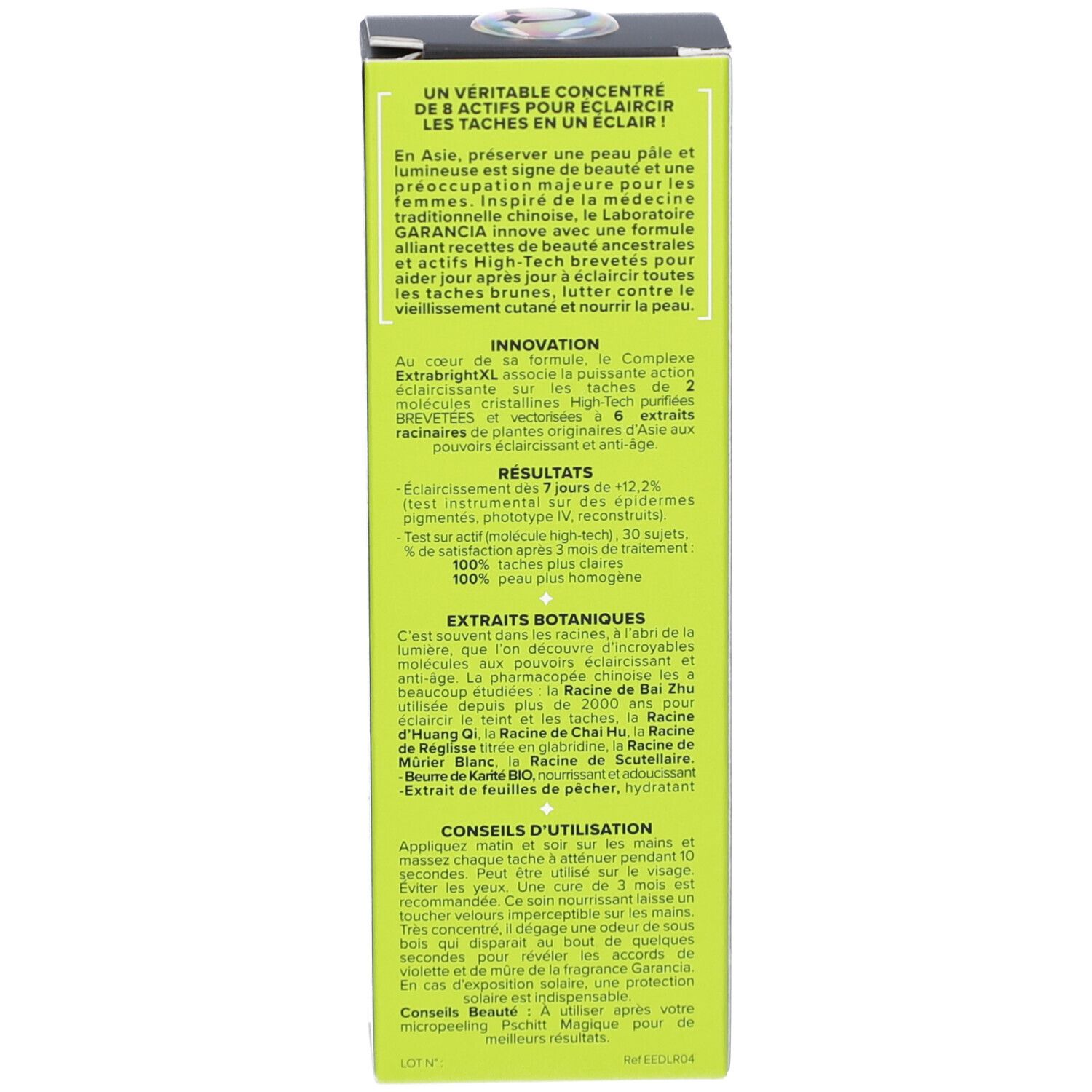 Produktverpackung. Seitenansicht mit Text und Produktinformationen. Grüner Hintergrund.