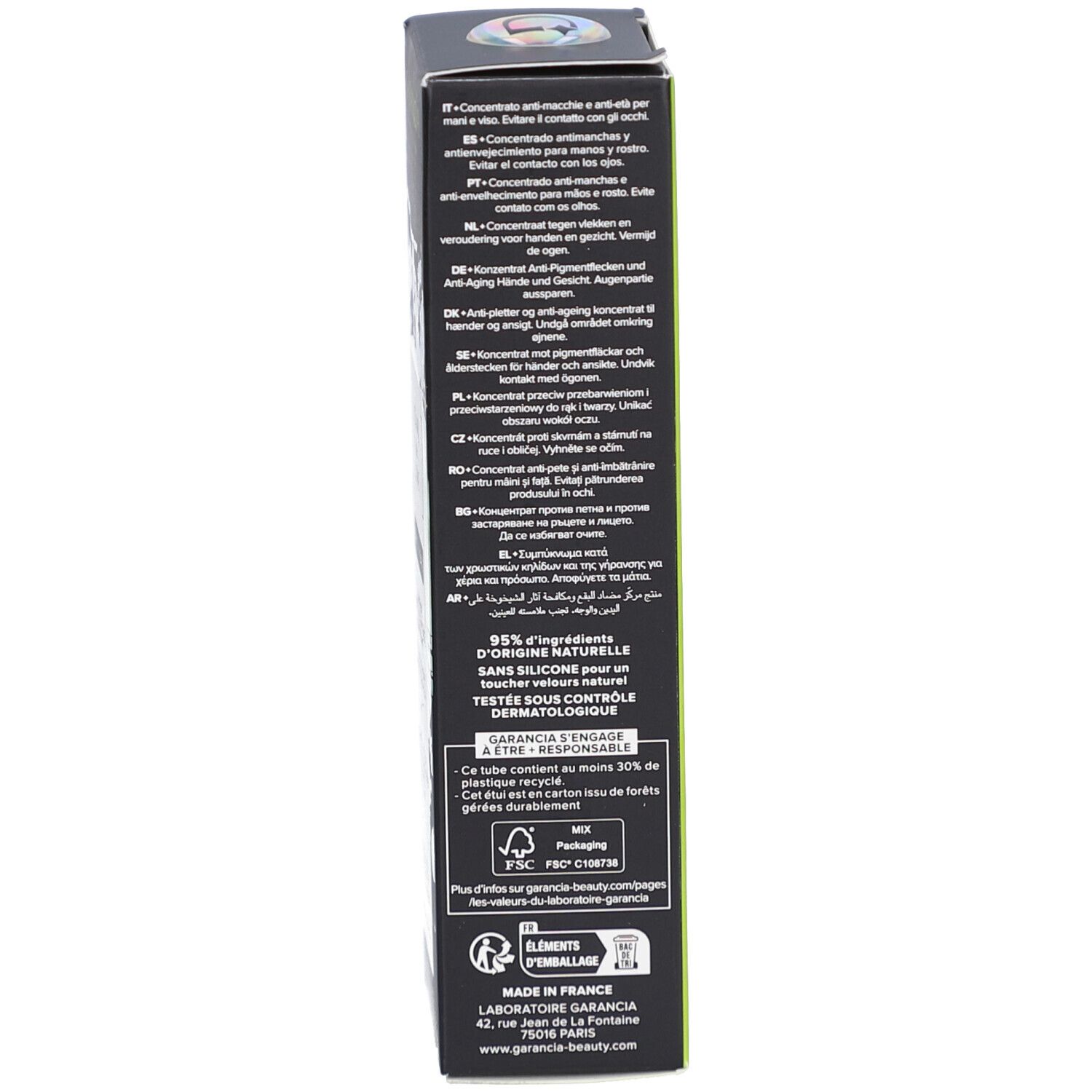 Produktverpackung. Seitenansicht mit Text und Produktinformationen. Grüner Hintergrund.