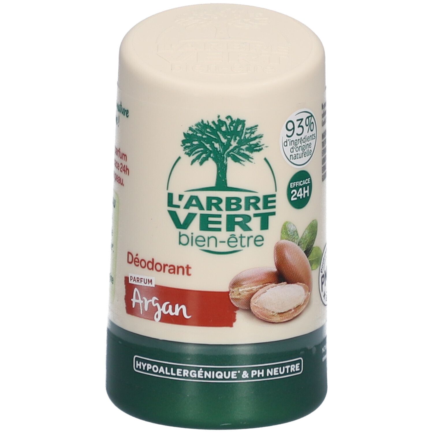 Deodorant-Stick mit grünem Boden und Deckel. Aufschrift: L'ARBRE VERT, bien-être, Argan. Abbildung von Arganfrüchten.