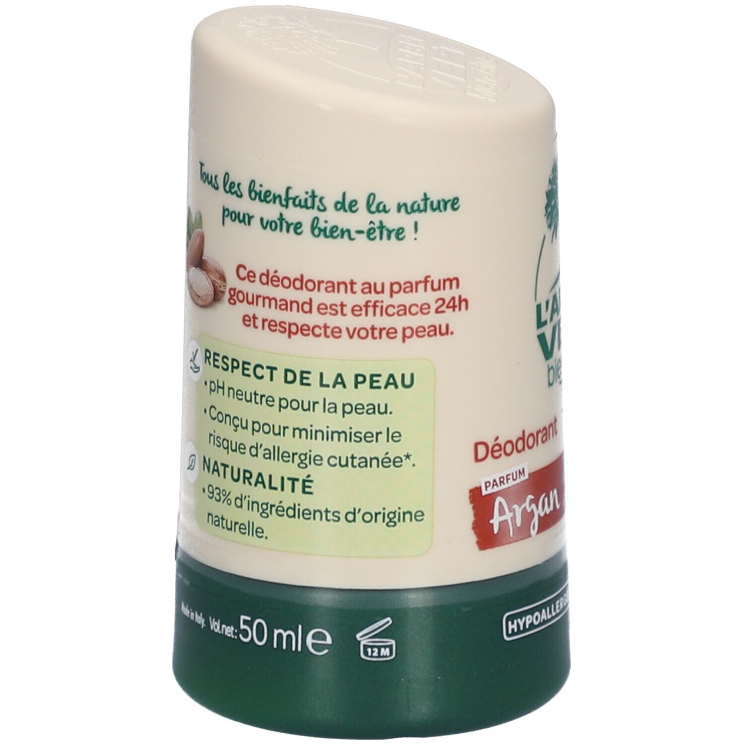 Deodorant-Stick, Rückseite mit Text. Enthält Informationen über die Inhaltsstoffe und die Hautverträglichkeit. 50 ml.
