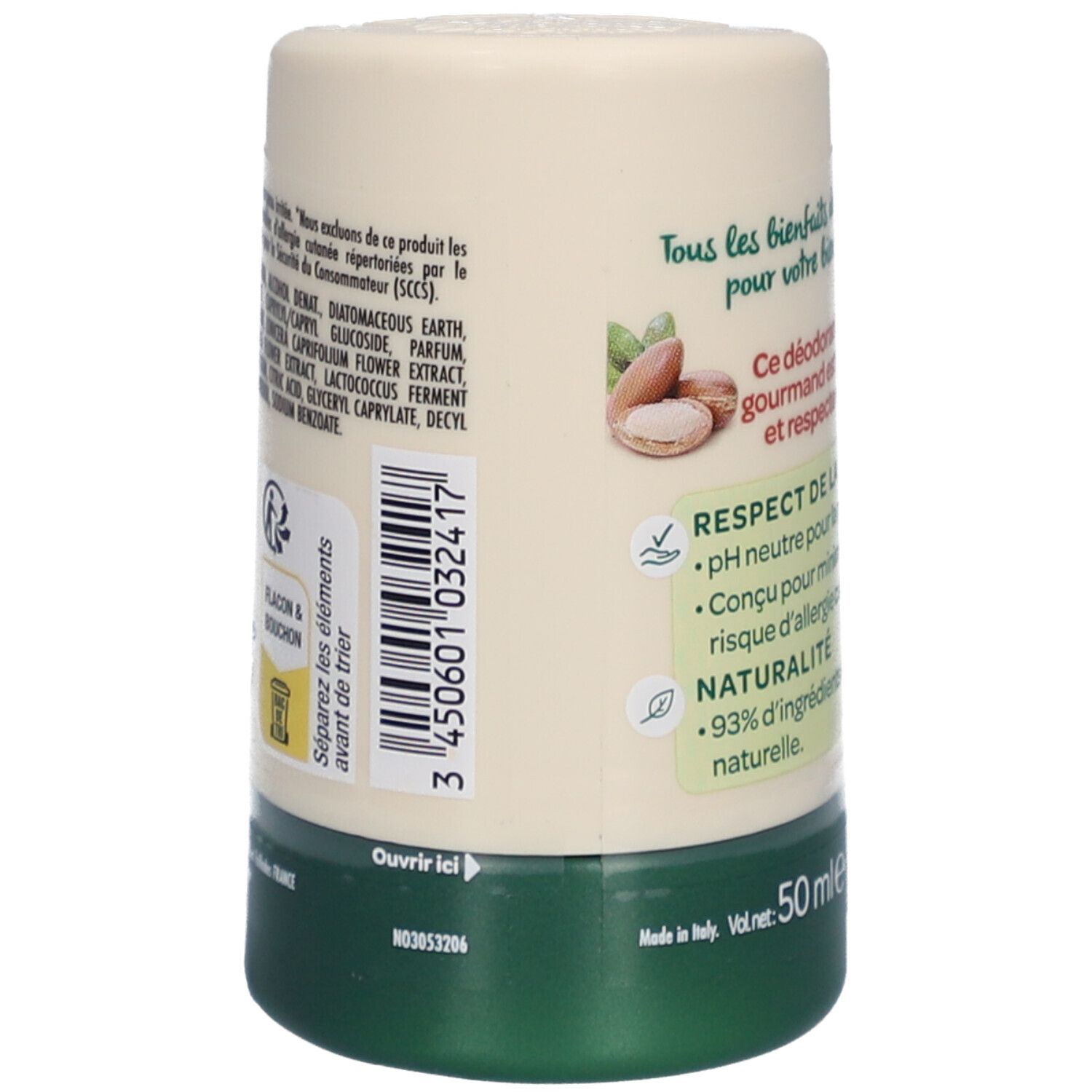 Deodorant-Stick, Rückseite mit Text und Recycling-Symbolen. Enthält Informationen über die Inhaltsstoffe und die Hautverträglichkeit. 50 ml.