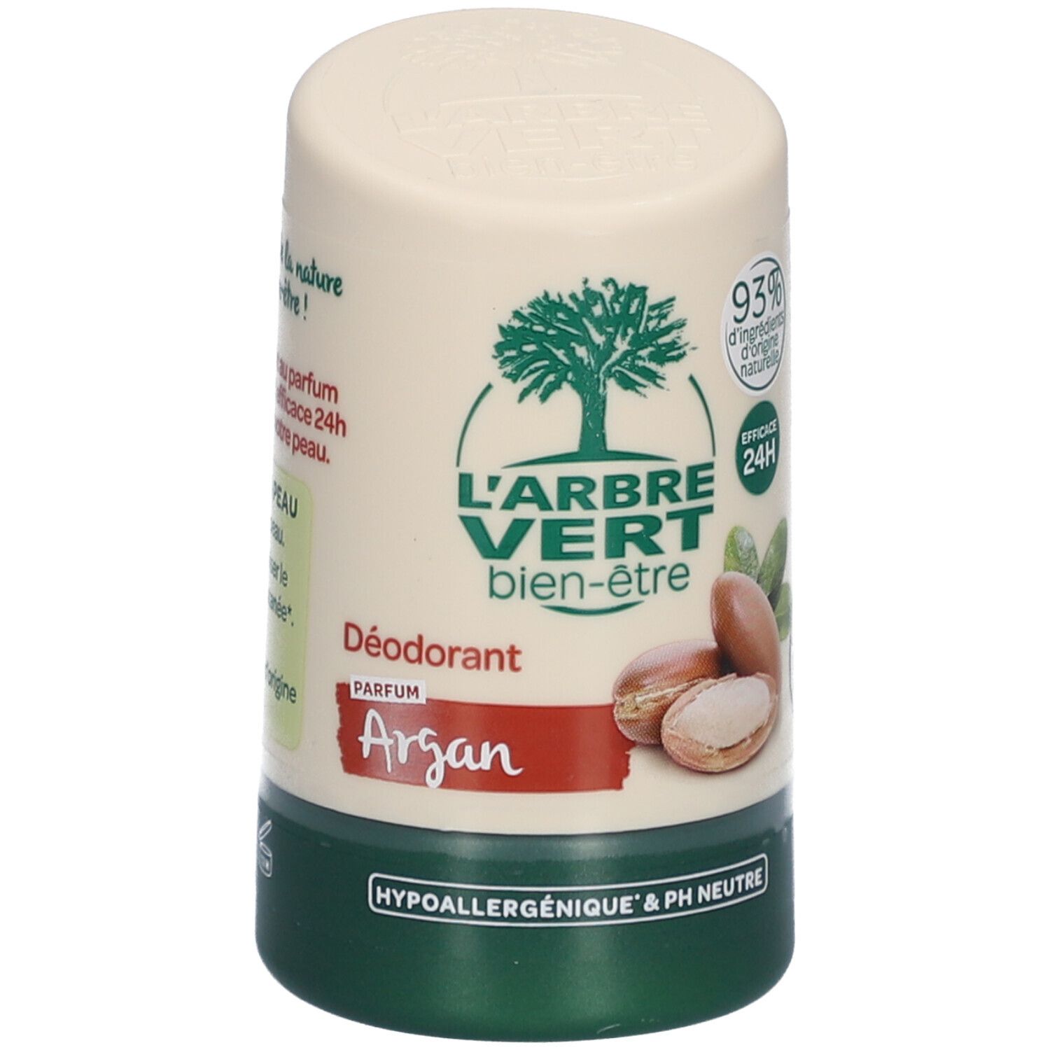 Deodorant-Stick mit grünem Boden und Deckel. Aufschrift: L'ARBRE VERT, bien-être, Argan. Abbildung von Arganfrüchten.