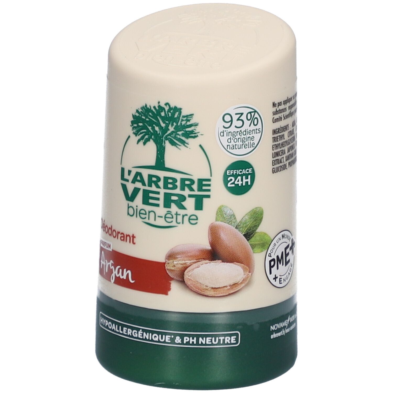 Deodorant-Stick mit grünem Boden und Deckel. Aufschrift: L'ARBRE VERT, bien-être, Argan. Abbildung von Arganfrüchten.