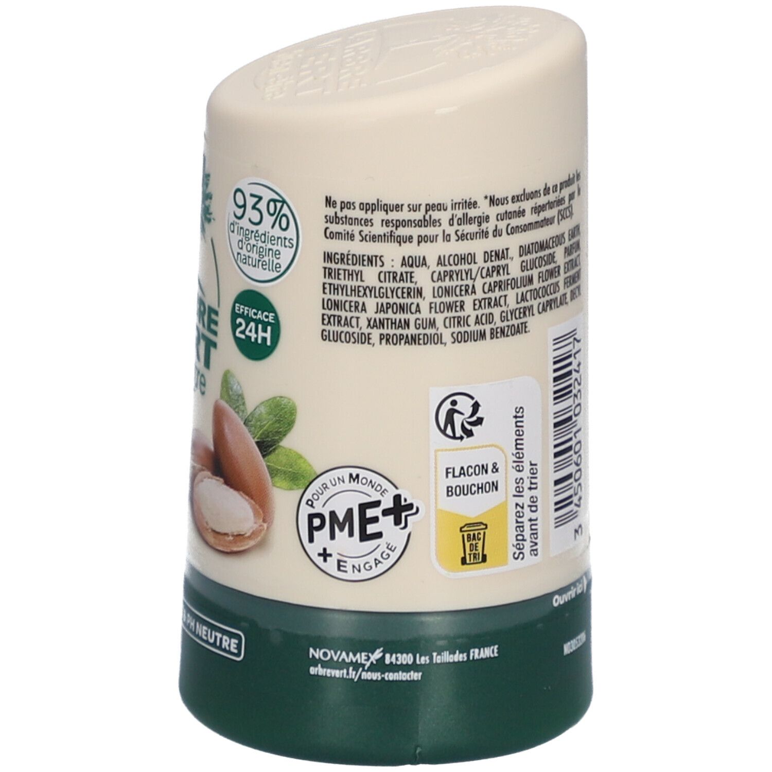 Deodorant-Stick, Rückseite mit Text und Recycling-Symbolen. Enthält Informationen über die Inhaltsstoffe und die Hautverträglichkeit. 50 ml.