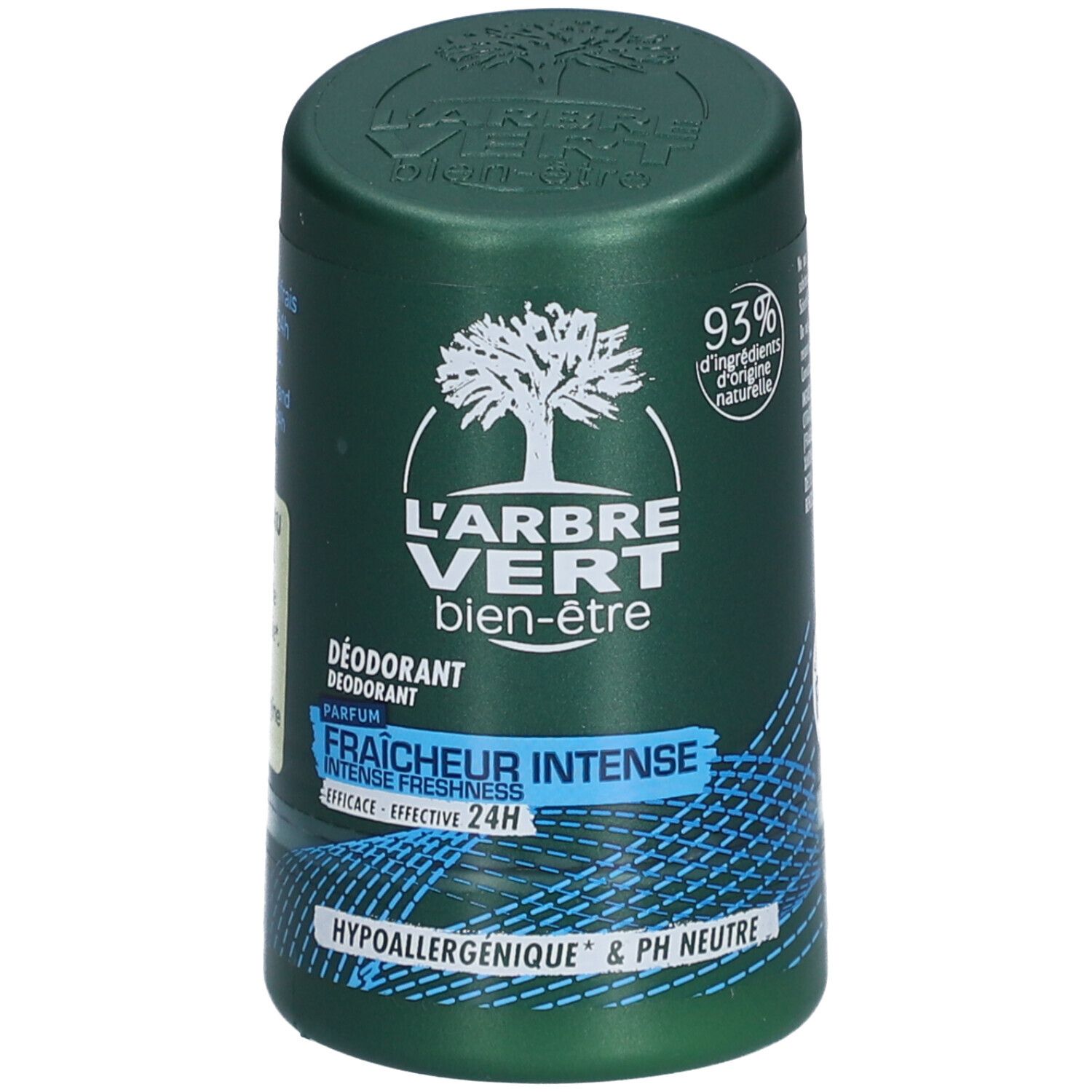 Grüner Deodorant-Stick mit weißem Baum-Logo. Text: L'Arbre Vert, Fraîcheur Intense, 24H. Hypoallergen & pH neutral. 93% natürliche Inhaltsstoffe.