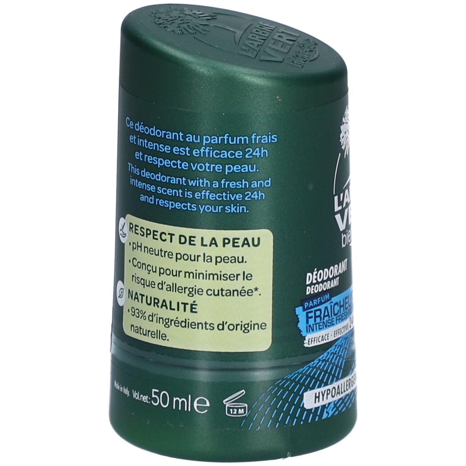Grüner Deodorant-Stick. Text: L'Arbre Vert, Deodorant, Fraîcheur Intense, 24H. pH-neutral, 93% natürliche Inhaltsstoffe. 50 ml. Hergestellt in Italien.