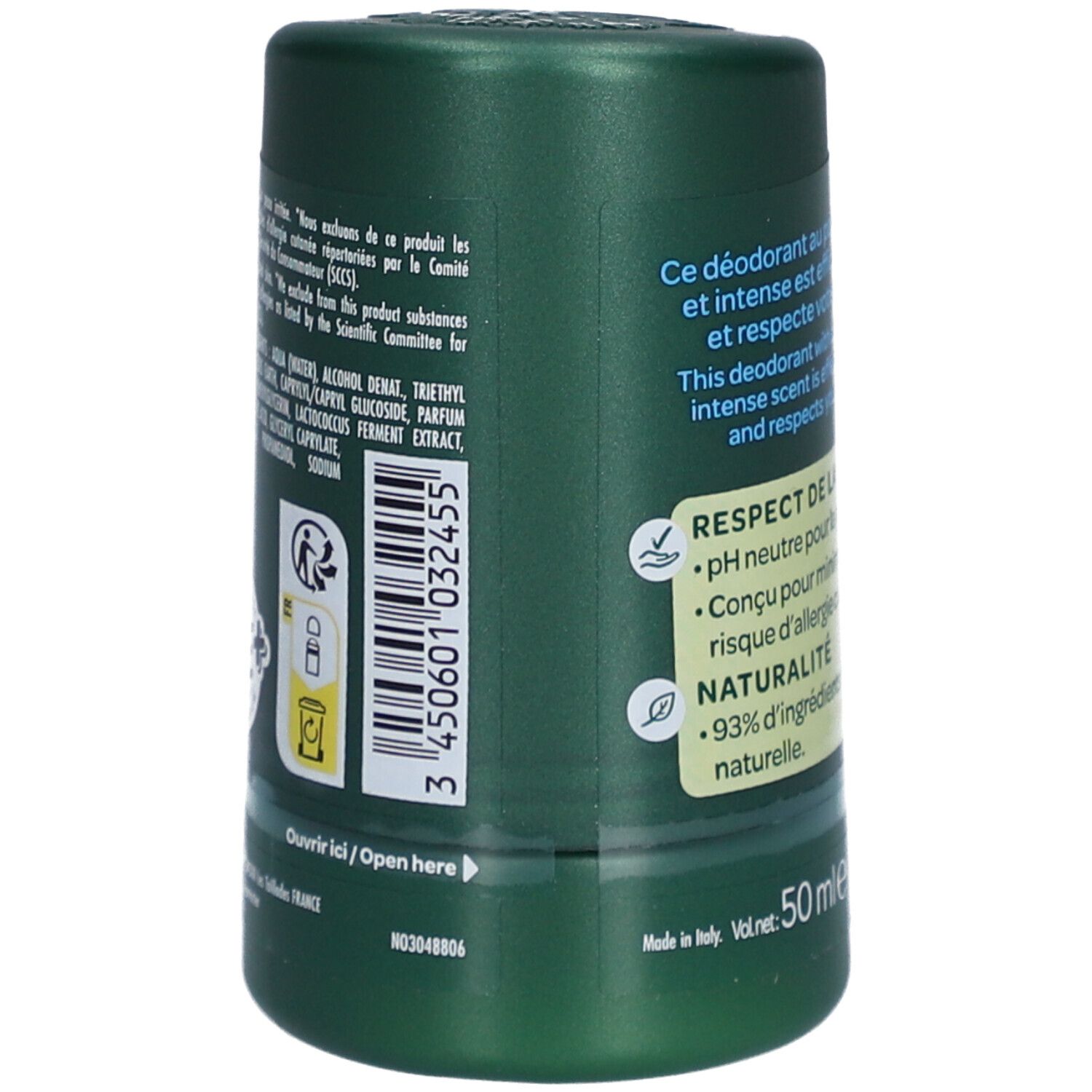 Grüner Deodorant-Stick. Text: L'Arbre Vert, Deodorant, Fraîcheur Intense, 24H. pH-neutral, 93% natürliche Inhaltsstoffe. 50 ml. Hergestellt in Italien.