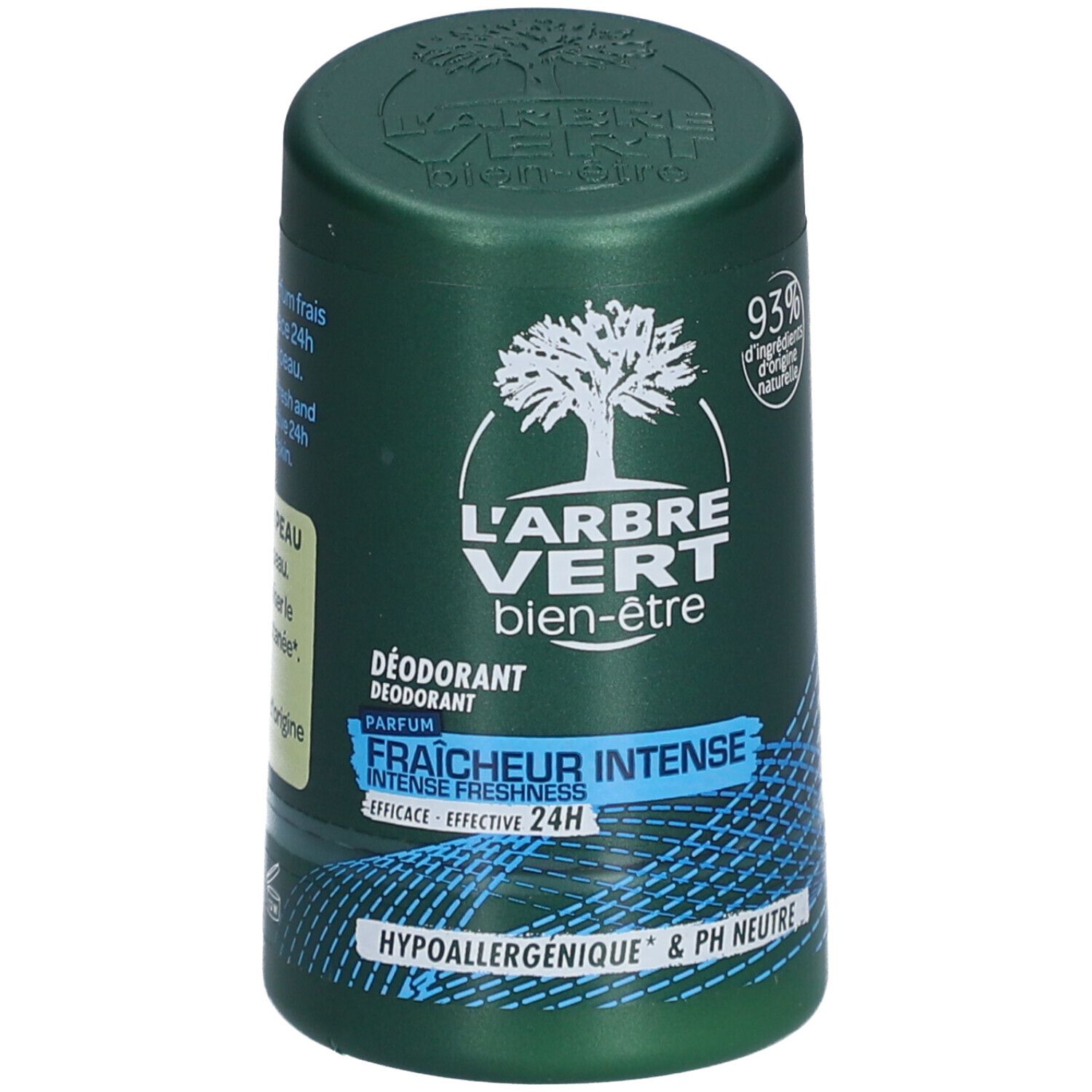 Grüner Deodorant-Stick mit weißem Baum-Logo. Text: L'Arbre Vert, Fraîcheur Intense, 24H. Hypoallergen & pH neutral. 93% natürliche Inhaltsstoffe.