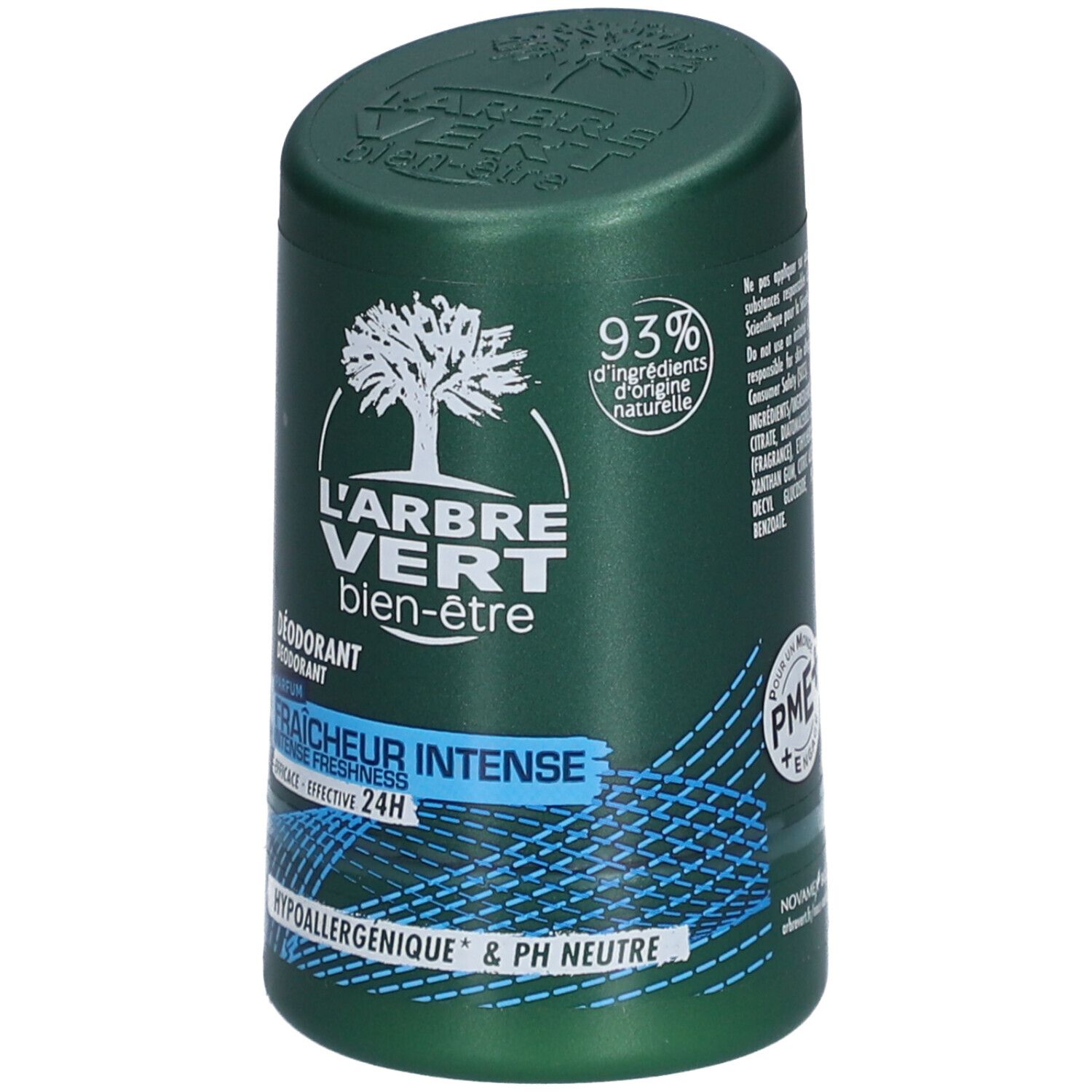 Grüner Deodorant-Stick mit weißem Baum-Logo. Text: L'Arbre Vert, Fraîcheur Intense, 24H. Hypoallergen & pH neutral. 93% natürliche Inhaltsstoffe.
