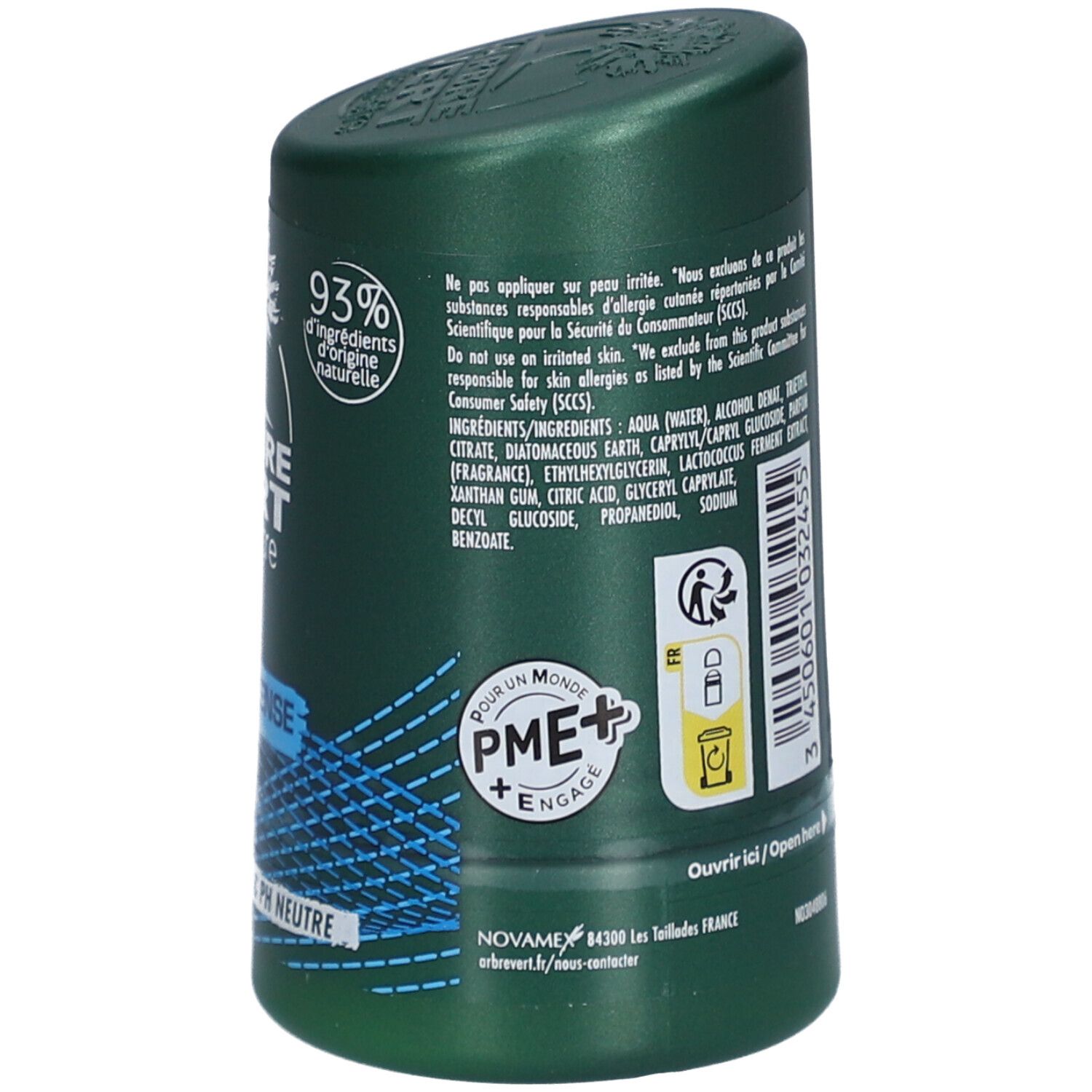 Grüner Deodorant-Stick. Text: L'Arbre Vert, Deodorant, Fraîcheur Intense, 24H. pH-neutral, 93% natürliche Inhaltsstoffe. 50 ml. Hergestellt in Italien.