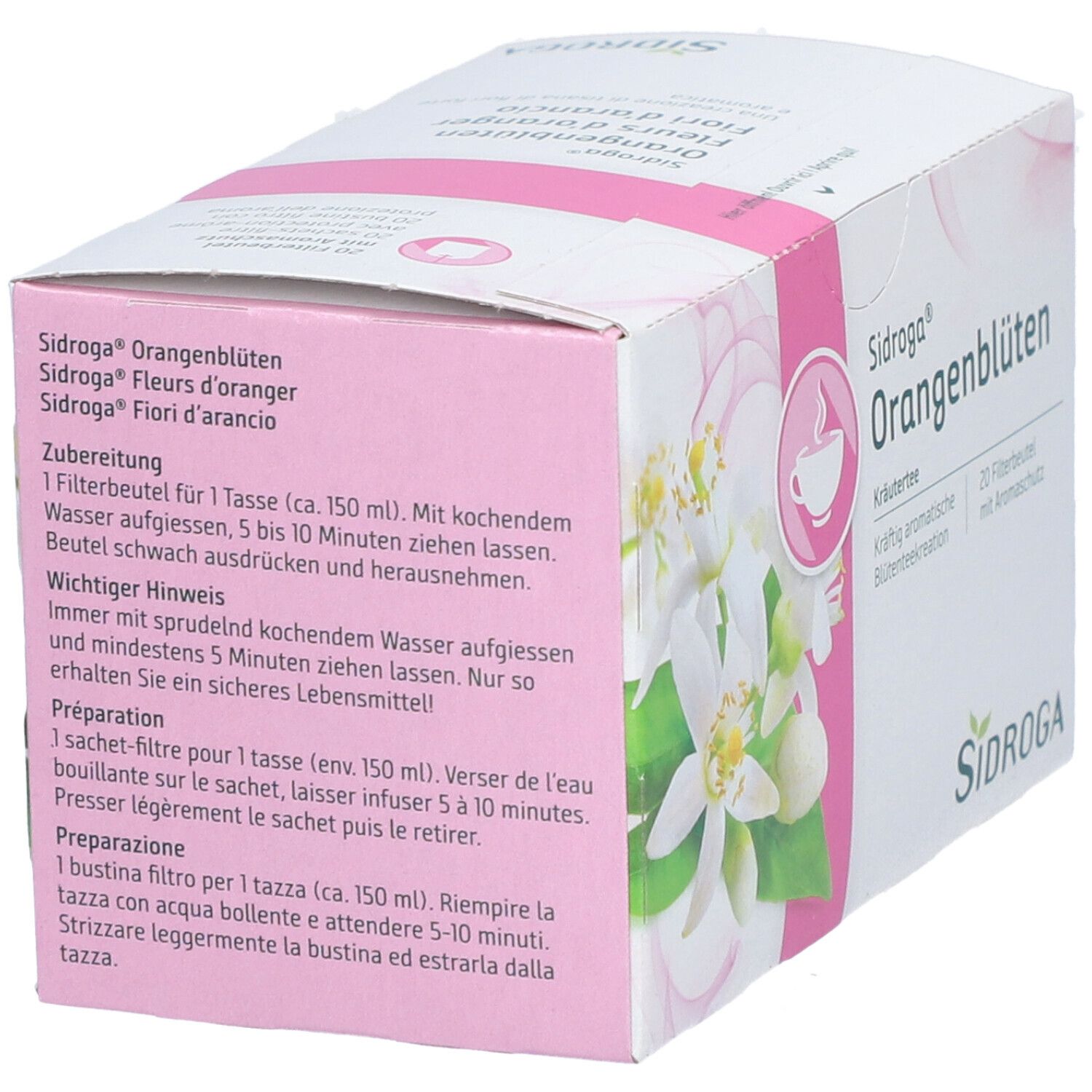 SIDROGA Orangenblüten-Packung, Ansicht von der Seite. Text mit Zubereitungshinweisen in Deutsch, Französisch und Italienisch.