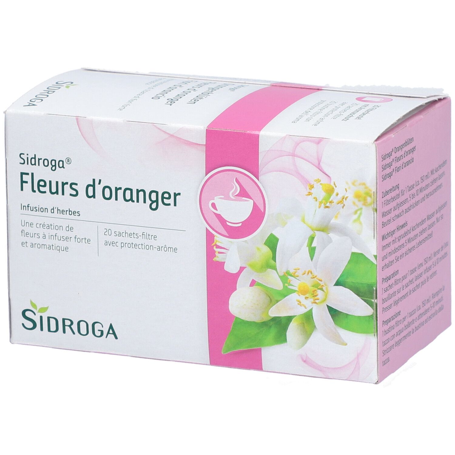 SIDROGA Fleurs d'oranger Kräutertee-Packung. Weiß-rosa Karton mit Blütenabbildung und Logo. 20 Filterbeutel.