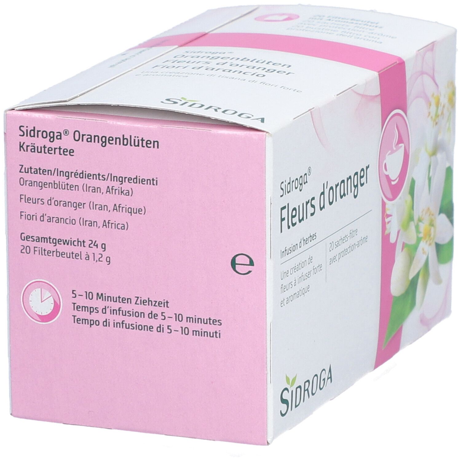 SIDROGA Orangenblüten Kräutertee-Packung. Rückseite mit Zutaten, Gewicht und Ziehzeit-Angaben. 20 Filterbeutel.