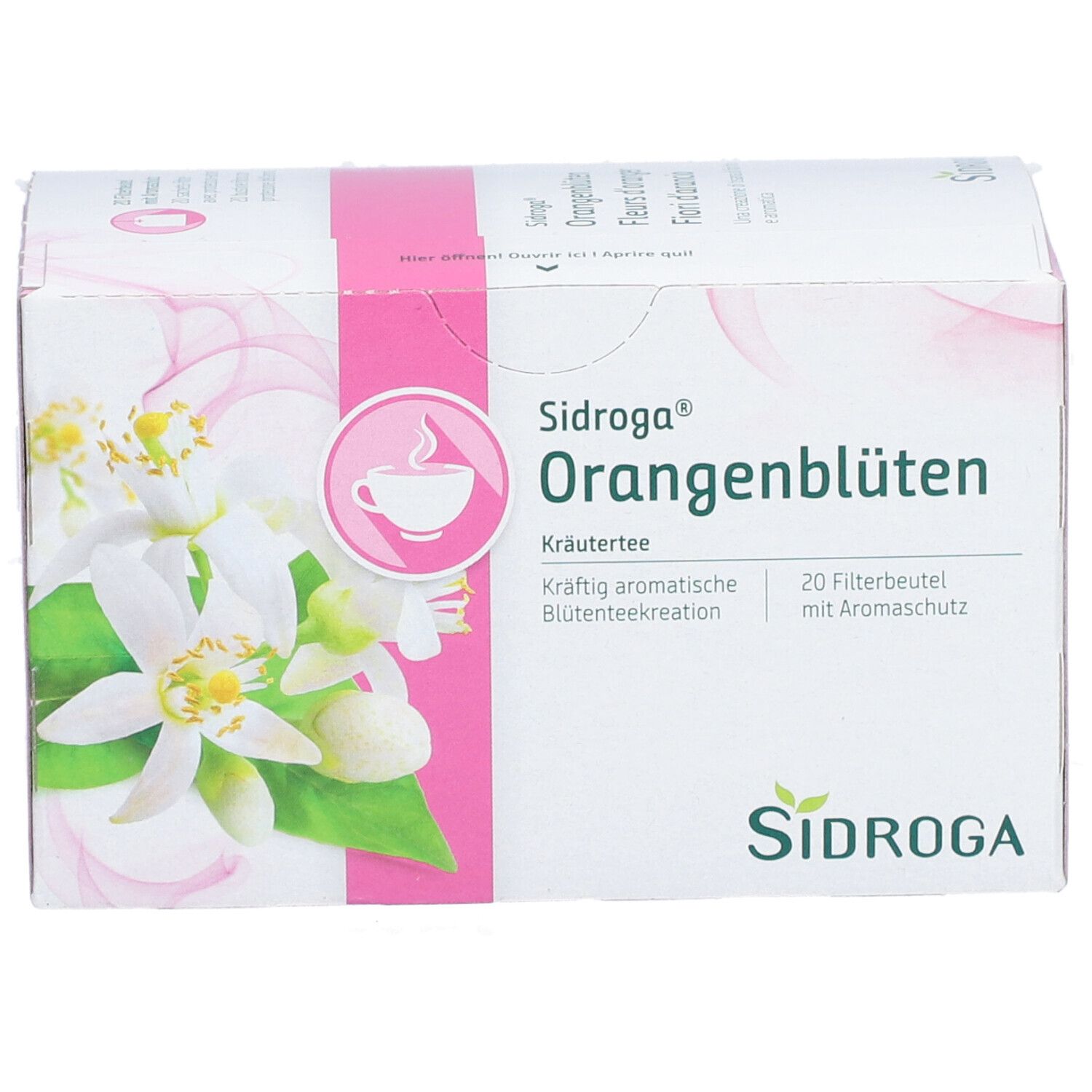 SIDROGA Orangenblüten Kräutertee-Packung. Weiß-rosa Karton mit Blütenabbildung und Logo. 20 Filterbeutel.