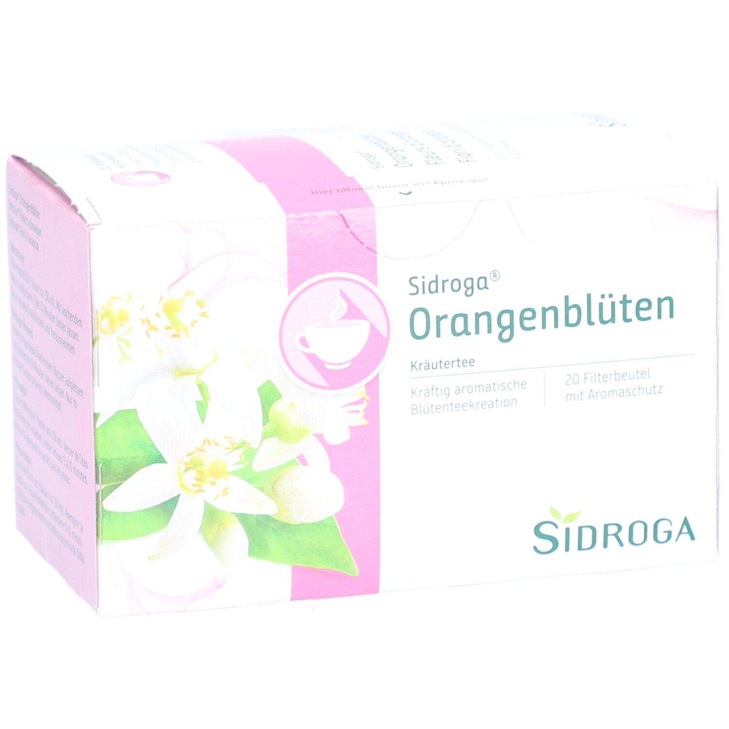 SIDROGA Orangenblüten Kräutertee-Packung. Weiß-rosa Karton mit Blütenabbildung und Logo. 20 Filterbeutel.