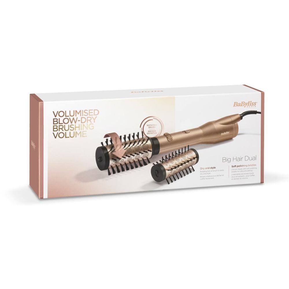 BaByliss Rotationsbürste Big Hair Dual in Verpackung. Goldfarbenes Gerät mit zwei Bürstenaufsätzen. Aufschrift: Volumised Blow-Dry Brushing Volume.