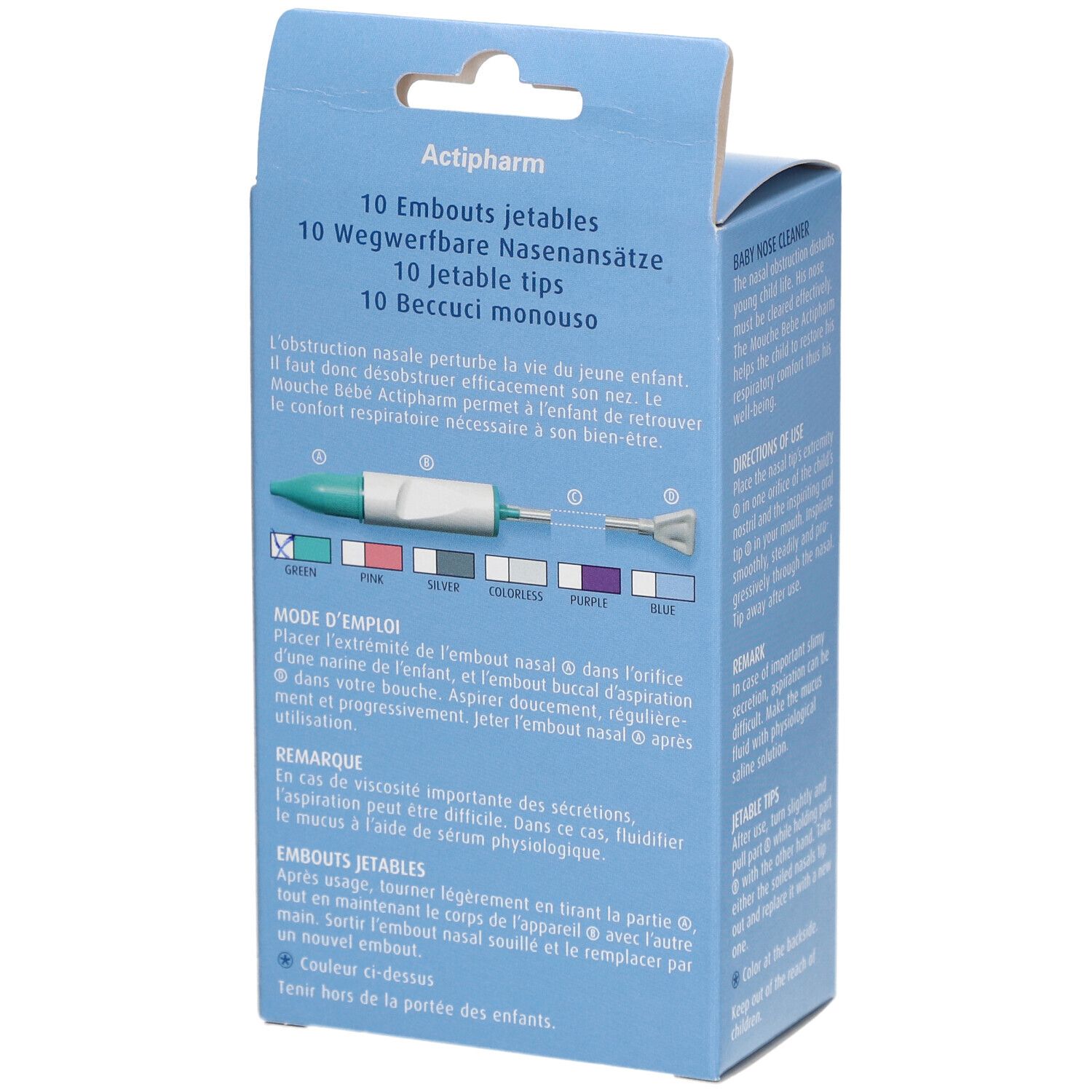 Hellblaue Verpackung, Rückseite. Text: Actipharm, 10 Einweg-Nasenaufsätze, Schweizer Kreuz. Gebrauchsanweisung. Für Babynasenreiniger.