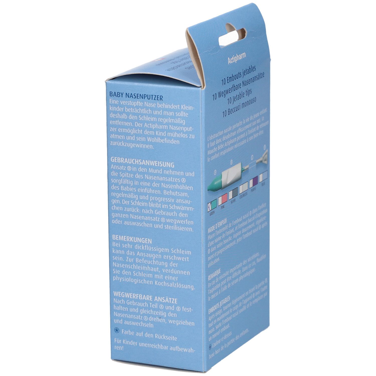 Hellblaue Verpackung, Seitenansicht. Text: Actipharm, 10 Einweg-Nasenaufsätze, Schweizer Kreuz. Gebrauchsanweisung. Für Babynasenreiniger.