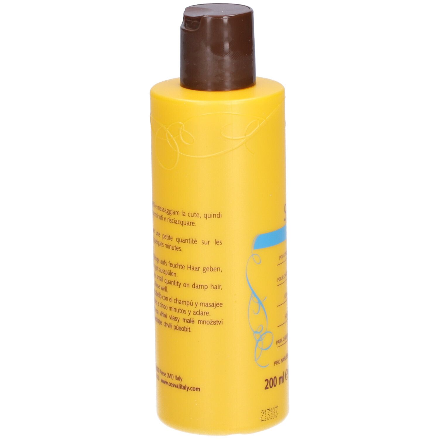 Rückseite der gelben Shampoo-Flasche. Text: Anwendungshinweise in mehreren Sprachen. 200 ml. Hergestellt in Italien.