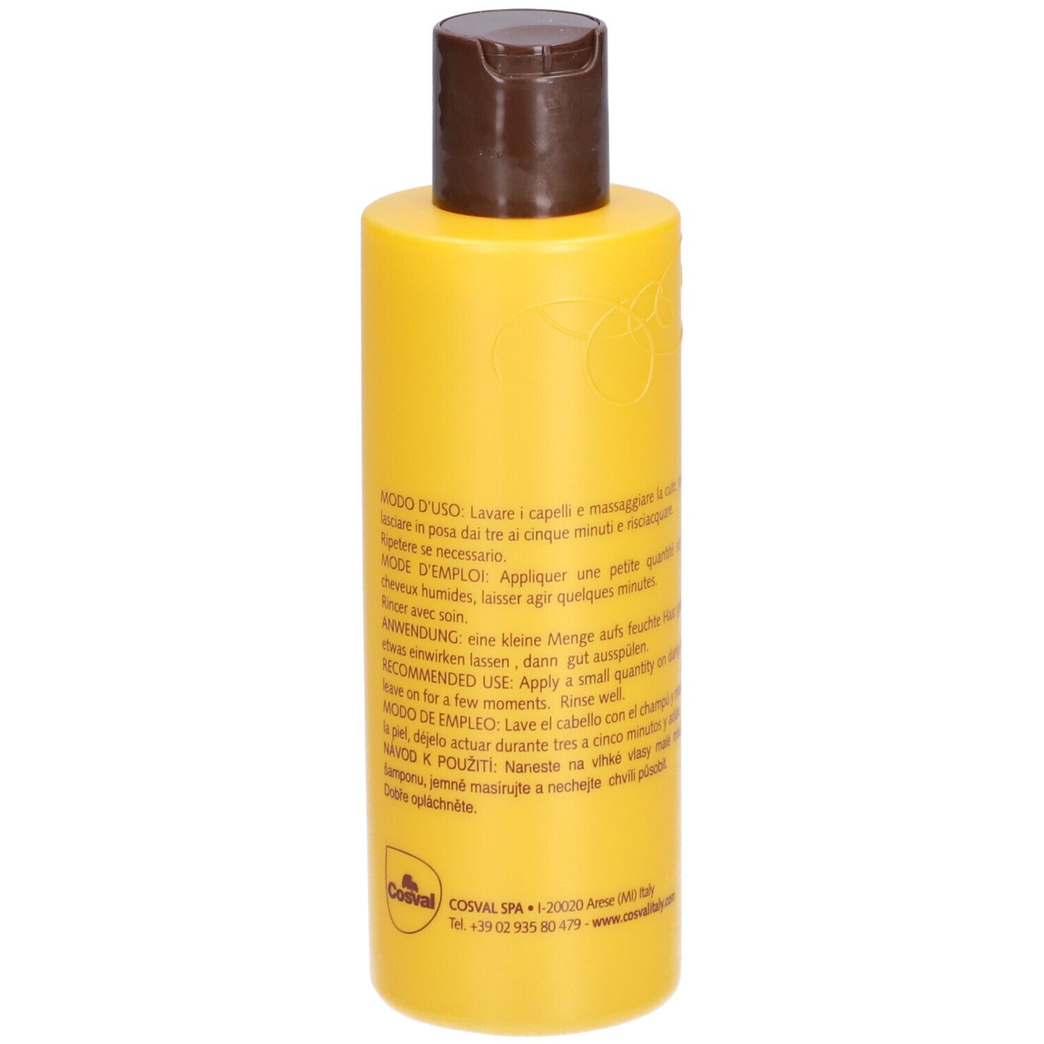 Rückseite der gelben Shampoo-Flasche. Text: Anwendungshinweise in mehreren Sprachen. Hersteller-Logo.
