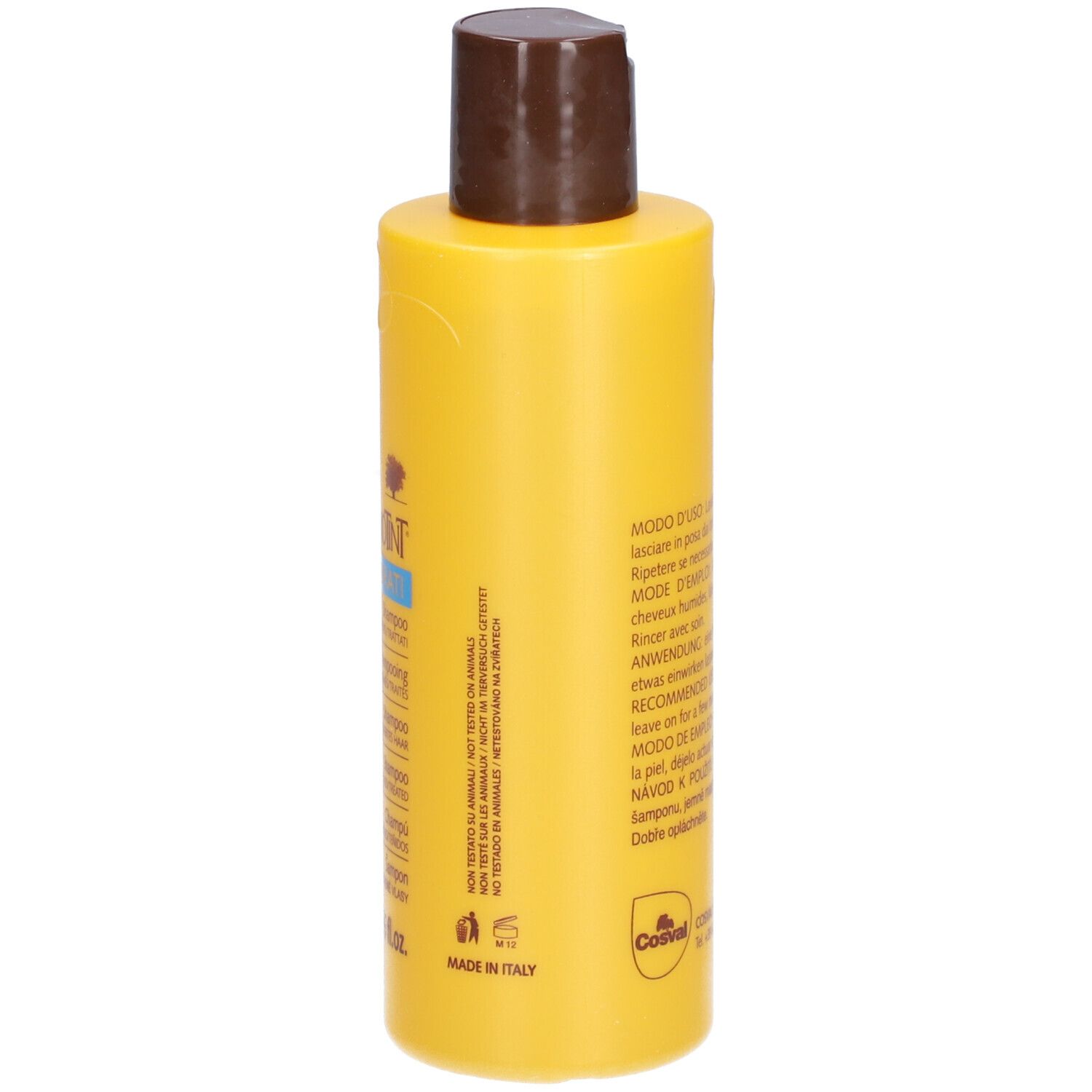 Rückseite der gelben Shampoo-Flasche. Text: Anwendungshinweise in mehreren Sprachen. Hergestellt in Italien.