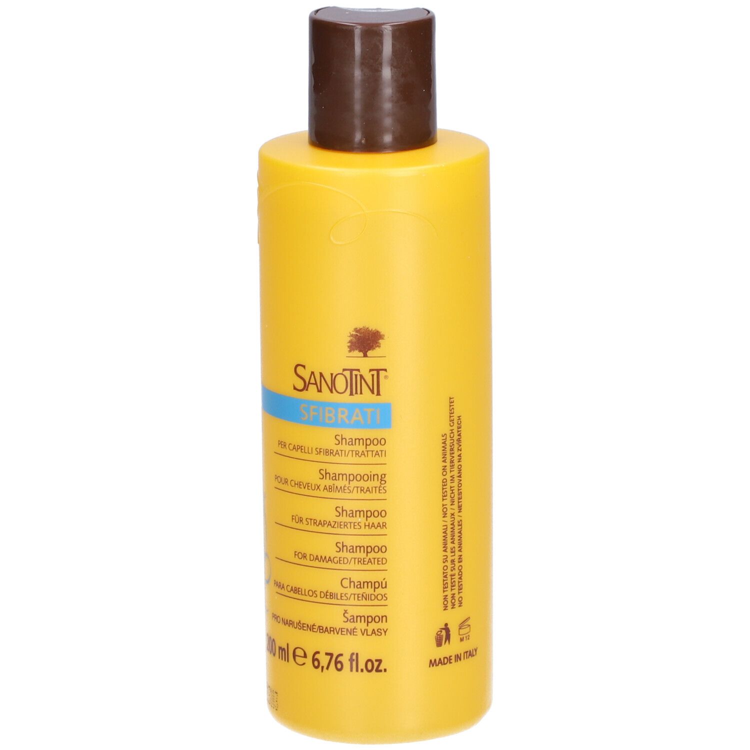 Gelbe Shampoo-Flasche mit braunem Deckel. Text: SANOTINT SFIbrati, Shampoo für strapaziertes Haar. 200 ml.