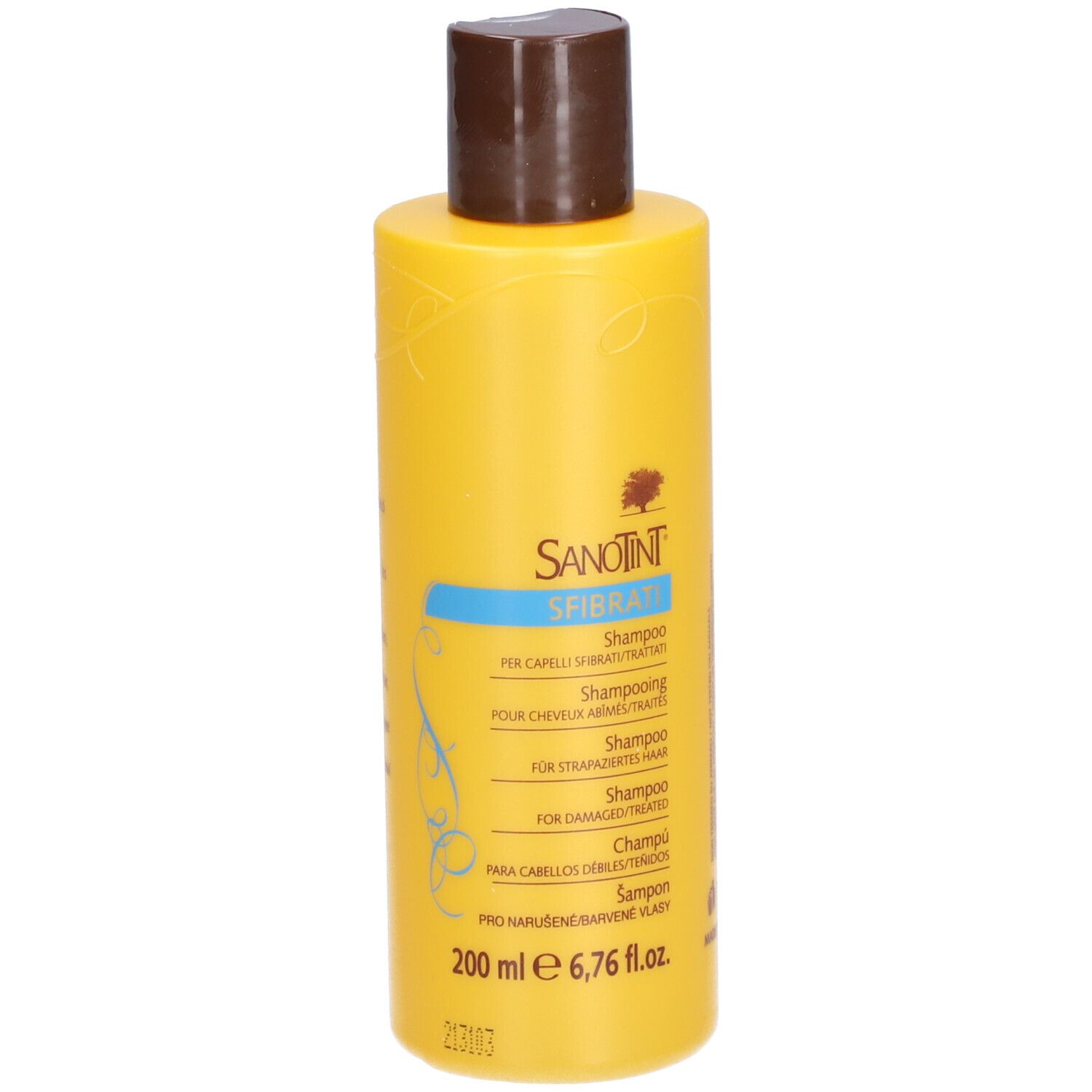 Gelbe Shampoo-Flasche mit braunem Deckel. Text: SANOTINT SFIbrati, Shampoo für strapaziertes Haar. 200 ml.