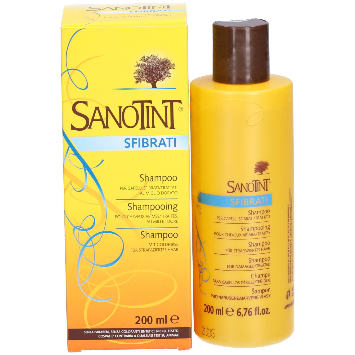 Gelbe Schachtel und Flasche. Text: SANOTINT SFIbrati, Shampoo für strapaziertes Haar. 200 ml. Flasche daneben.