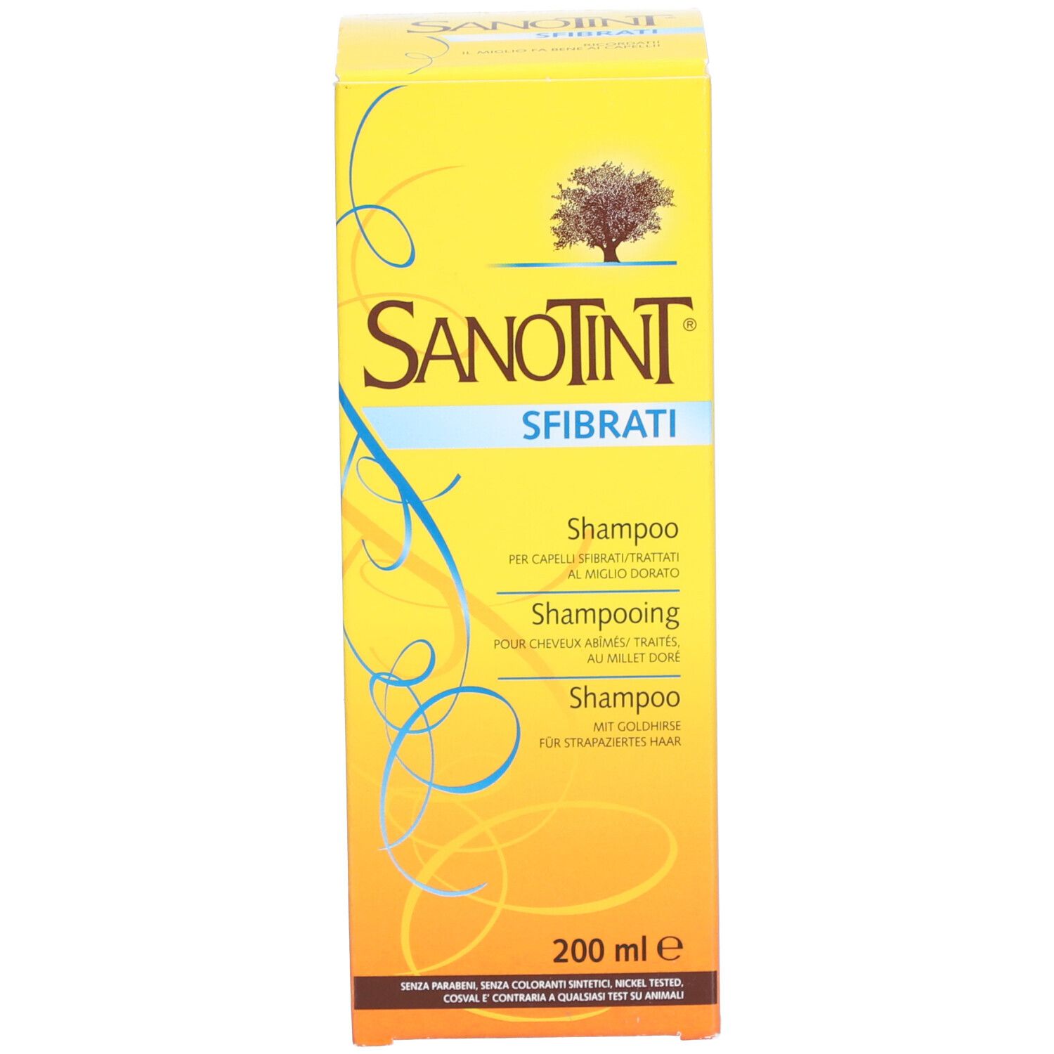 Gelbe Schachtel. Text: SANOTINT SFIbrati, Shampoo für strapaziertes Haar. 200 ml. Baum-Logo.